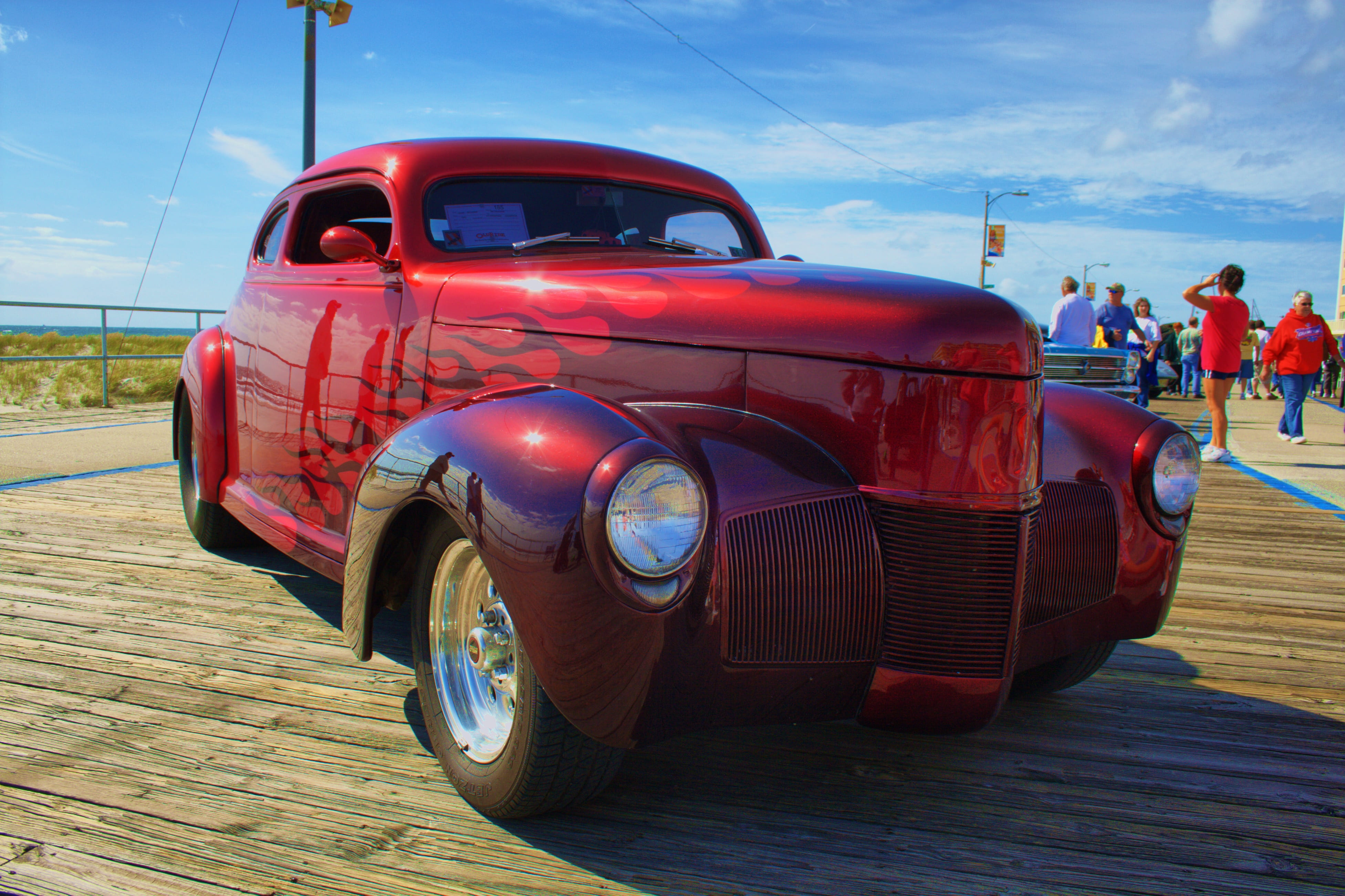 parked, vintage, stationary, fire, roadster, walking, incidental people, transportation, land vehicle, blue, speed, day, people, customized, motor vehicle, HD Wallpaper