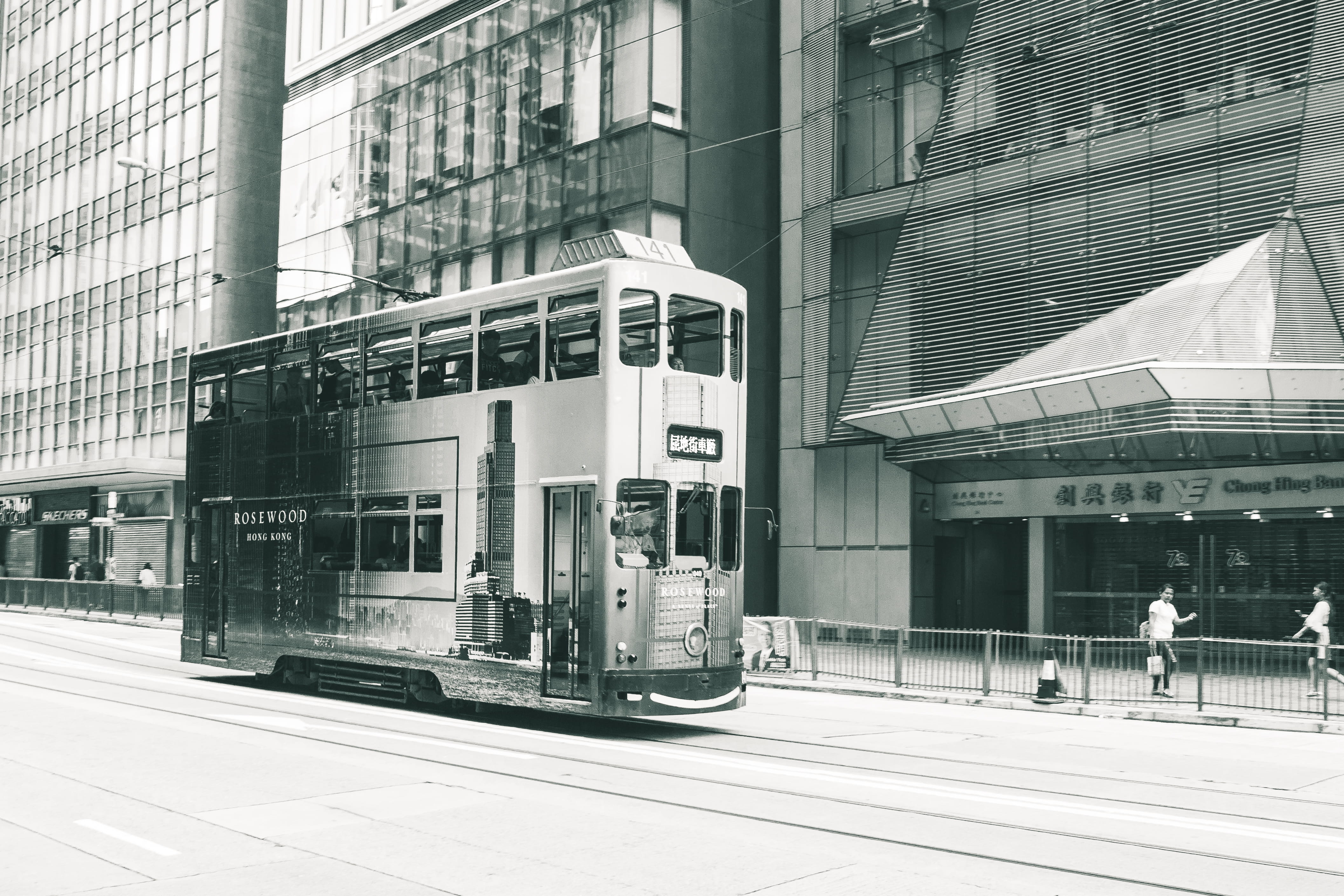 photo, double, architecture, business, white, railway, hong kong, incidental people, day, decker, tram lines, double decker tram, building exterior, train, HD Wallpaper