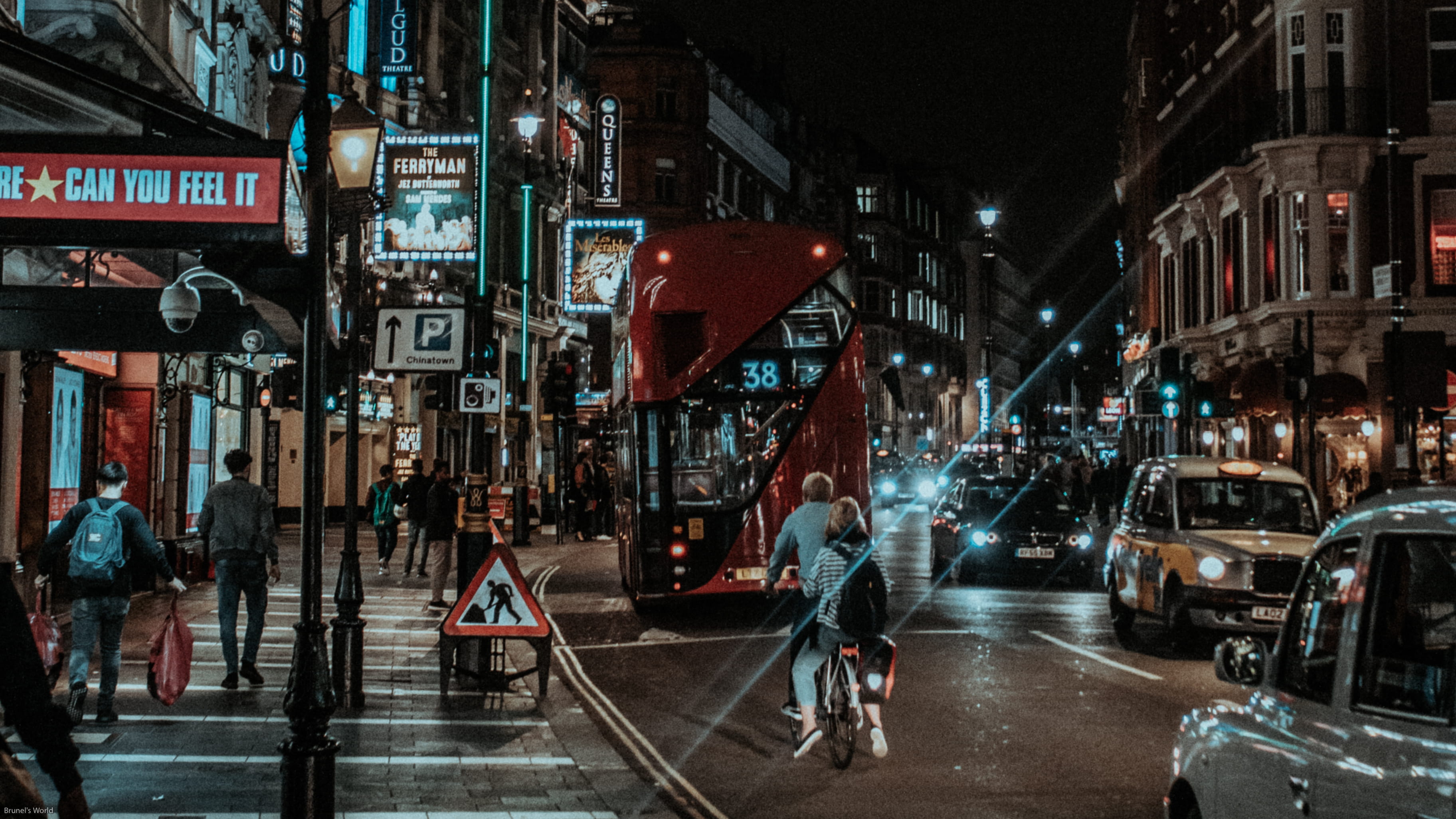 bicycle, io, bus, riding, land vehicle, pavement, transportation, street, buildings, cab, city, group of people, cars, man, road, car, light, red bus, time, HD Wallpaper