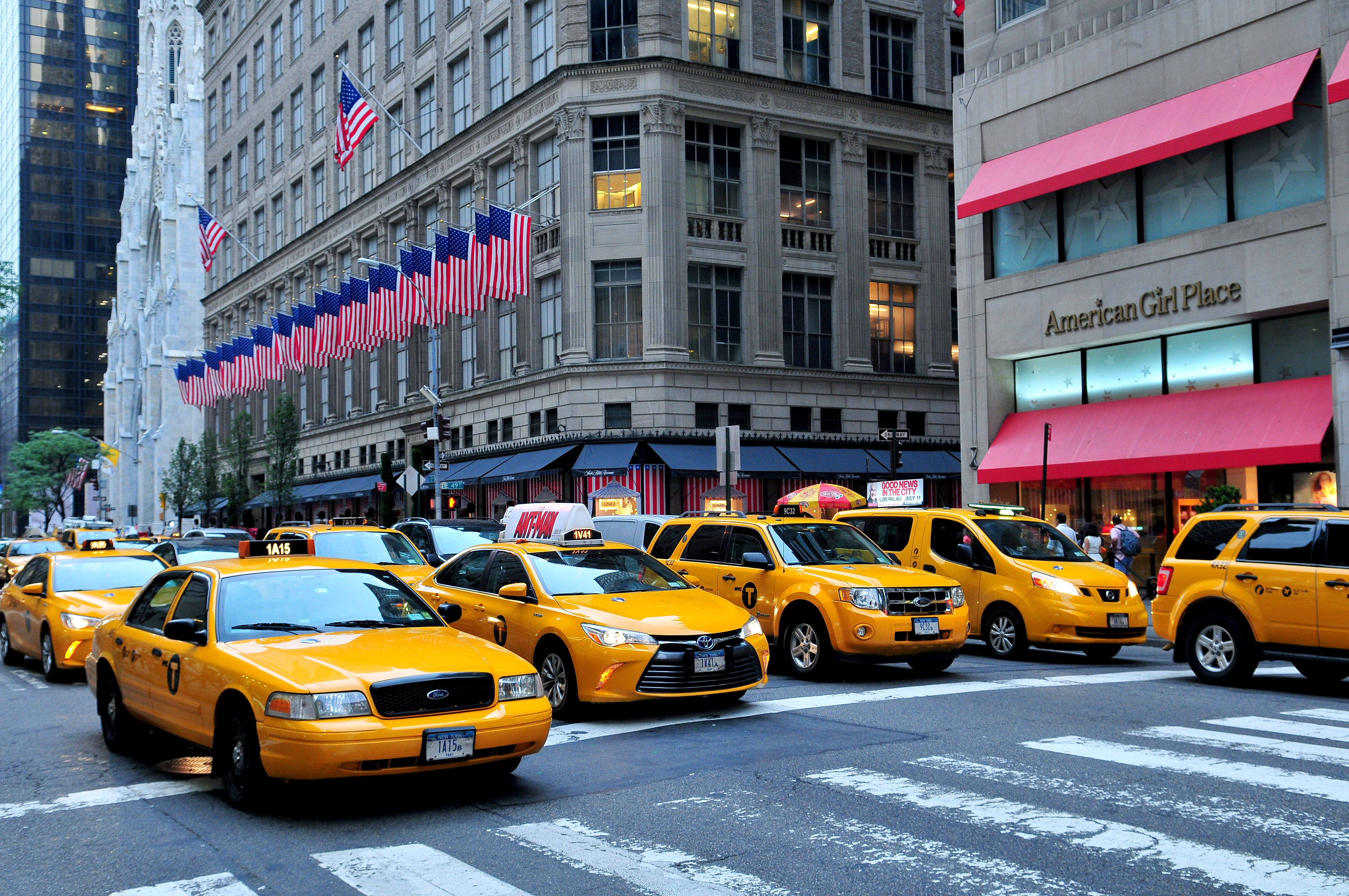 nyc, america, city, office building exterior, new york city, motion, 4K, 5th avenue, taxi, yellow taxi, city street, urban, building, built structure, HD Wallpaper