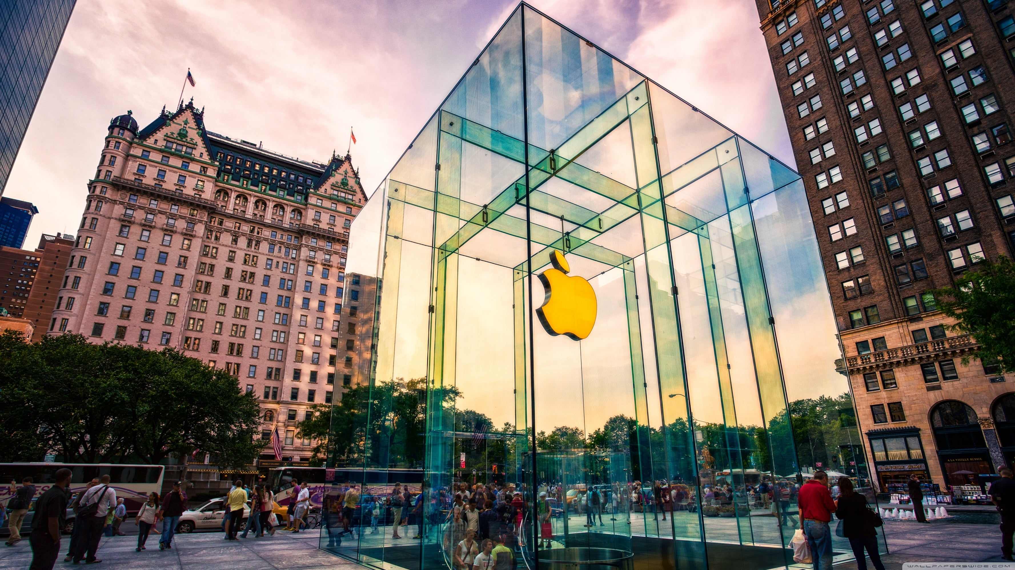 shop, built structure, balloon, in new York, nature, group of people, people, movement, Apple, architecture, 2K, Fifth Avenue, large group of people, Apple Store, HD Wallpaper