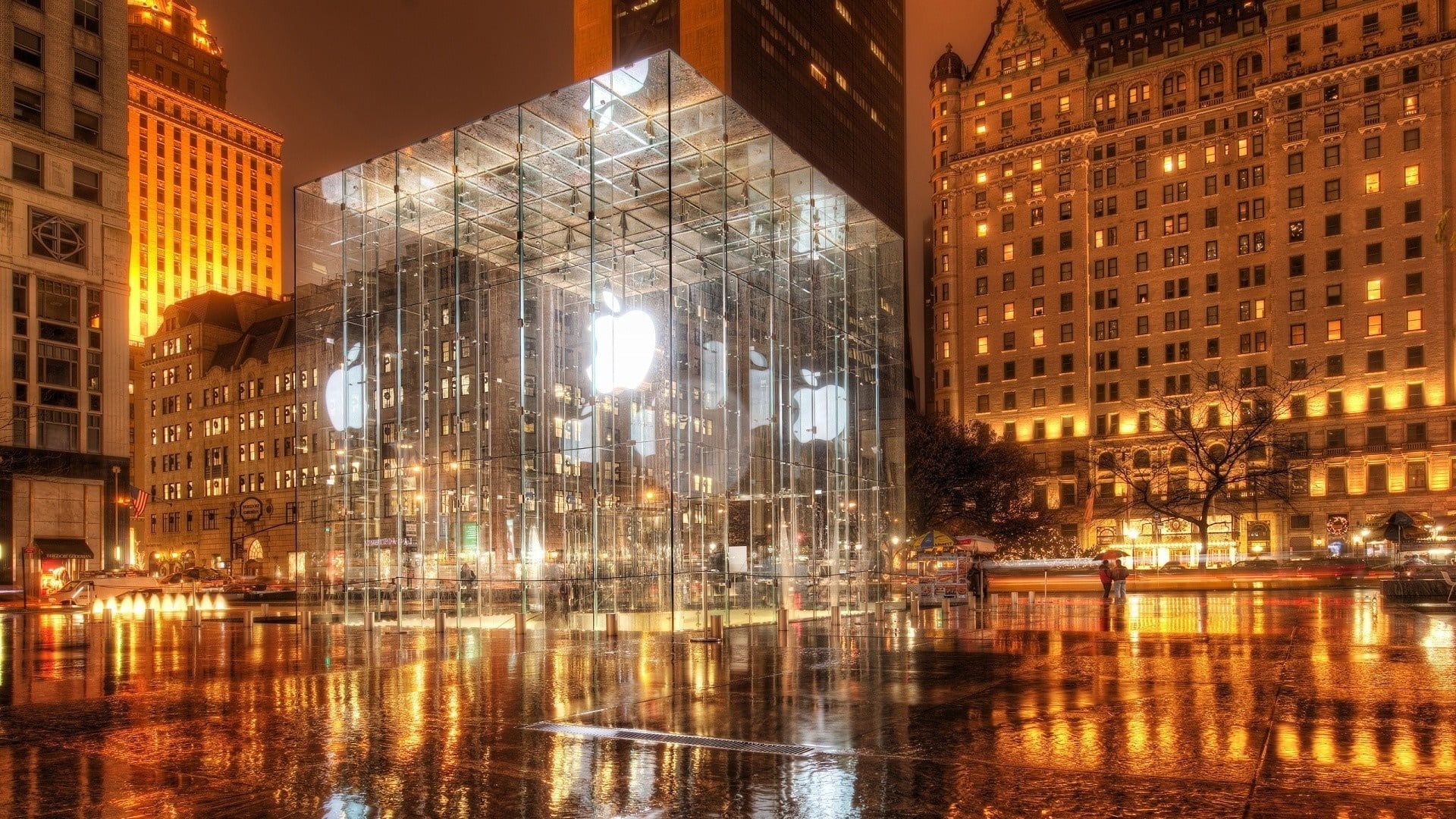 5th avenue, outdoors, built structure, city, store, street, city lights, water, nightlife, reflection, skyscraper, light, office building exterior, travel destinations, HD Wallpaper