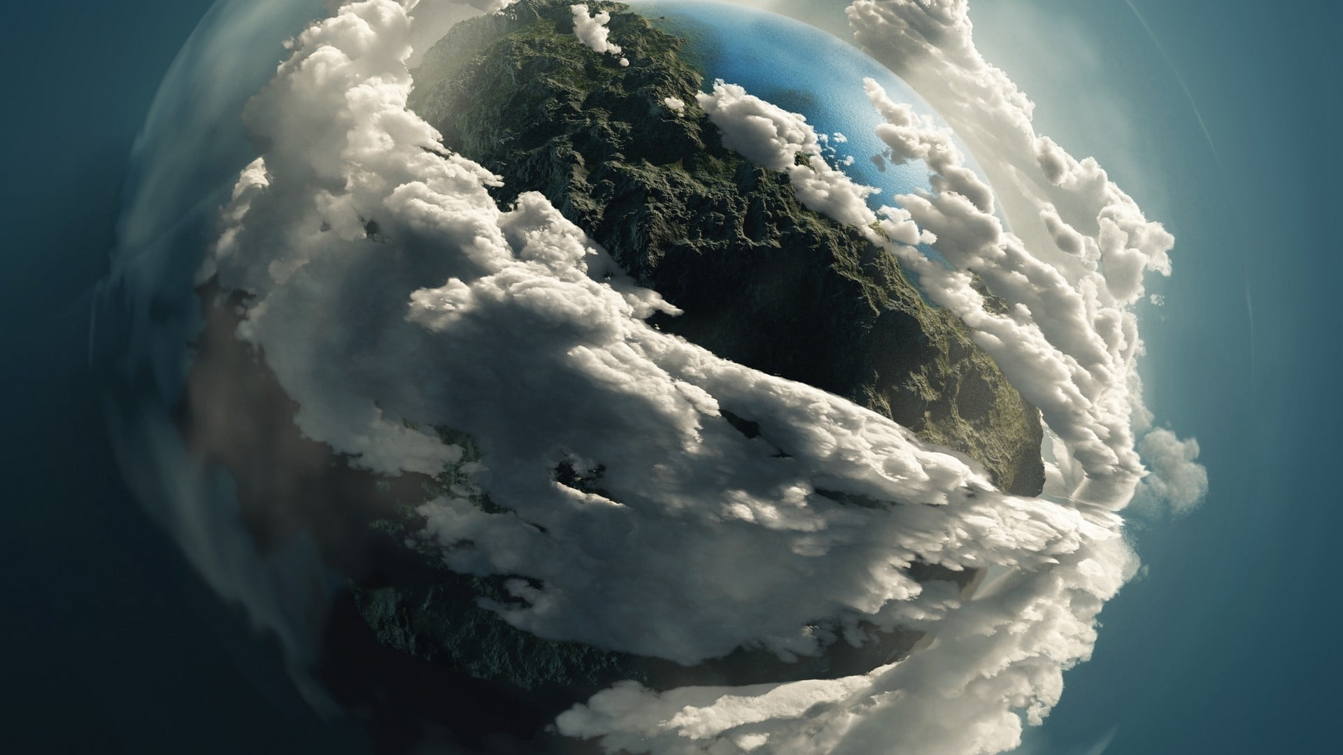 no people, digital art, space art, island, environment, scenics - nature, clouds, sunlight, beauty in nature, mode of transportation, air vehicle, day, HD Wallpaper