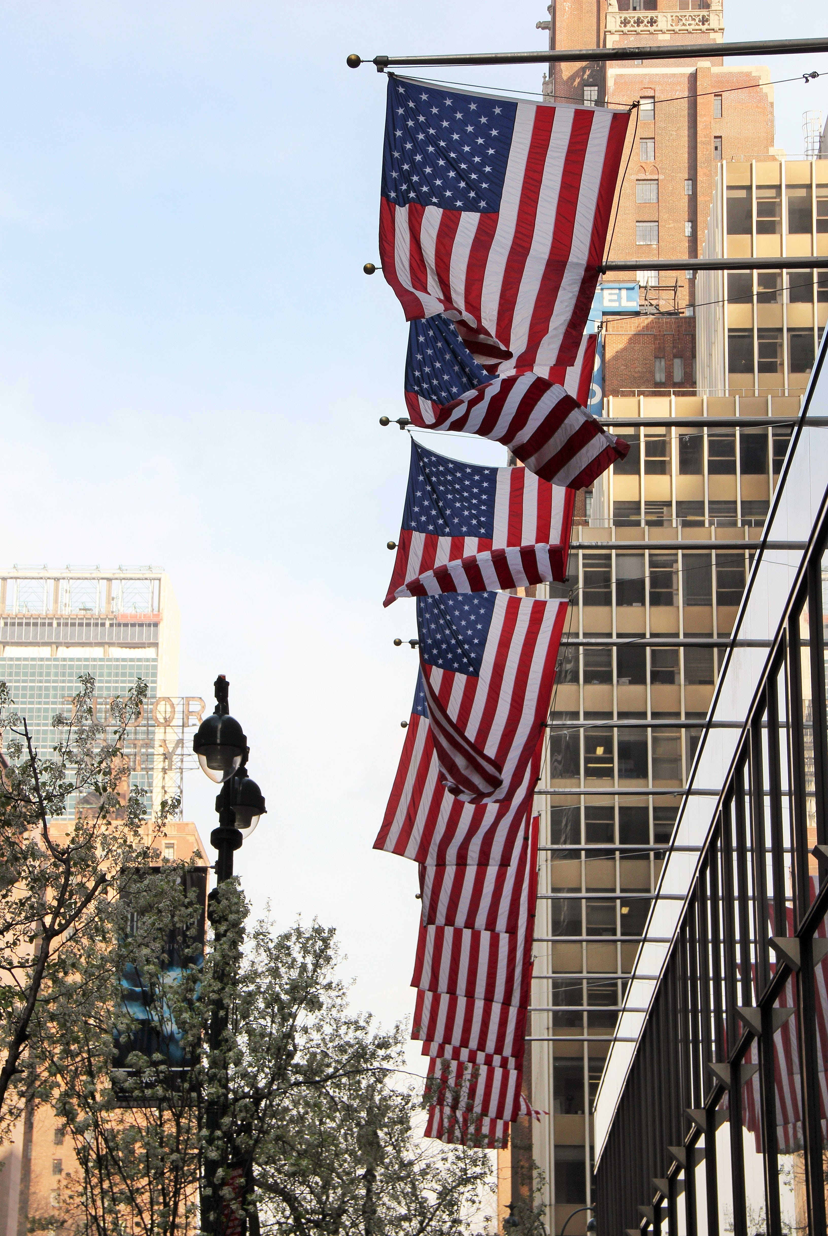 city, american, nature, shape, manhattan, flag, day, united states, striped, building, flags, office building exterior, outdoors, tree, national icon, stars stripes, Phone HD Wallpaper