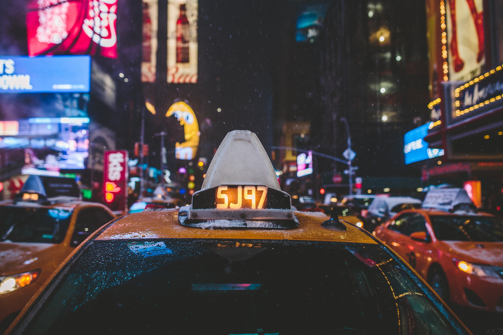 taxi, United States, street, neon, Manhattan, cars, 1080P, snow, Times Square, night, winter, lights, drops, New York, glass, HD Wallpaper