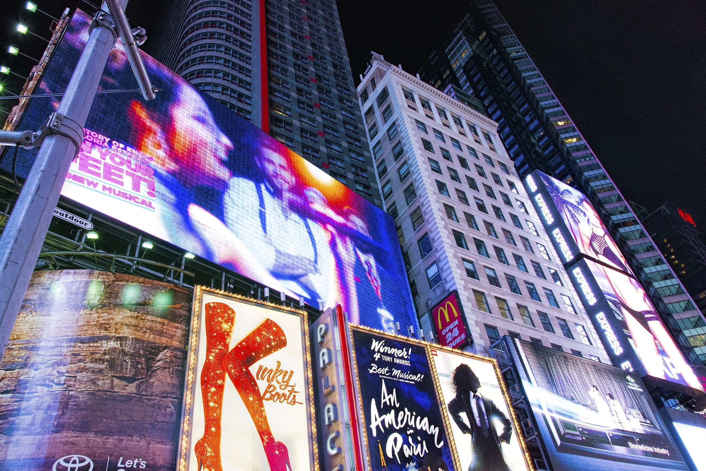 signage, new york, low angle view, landmark, building exterior, outdoors, times square, motion, downtown, illuminated, night, no people, travel, new york street, HD Wallpaper