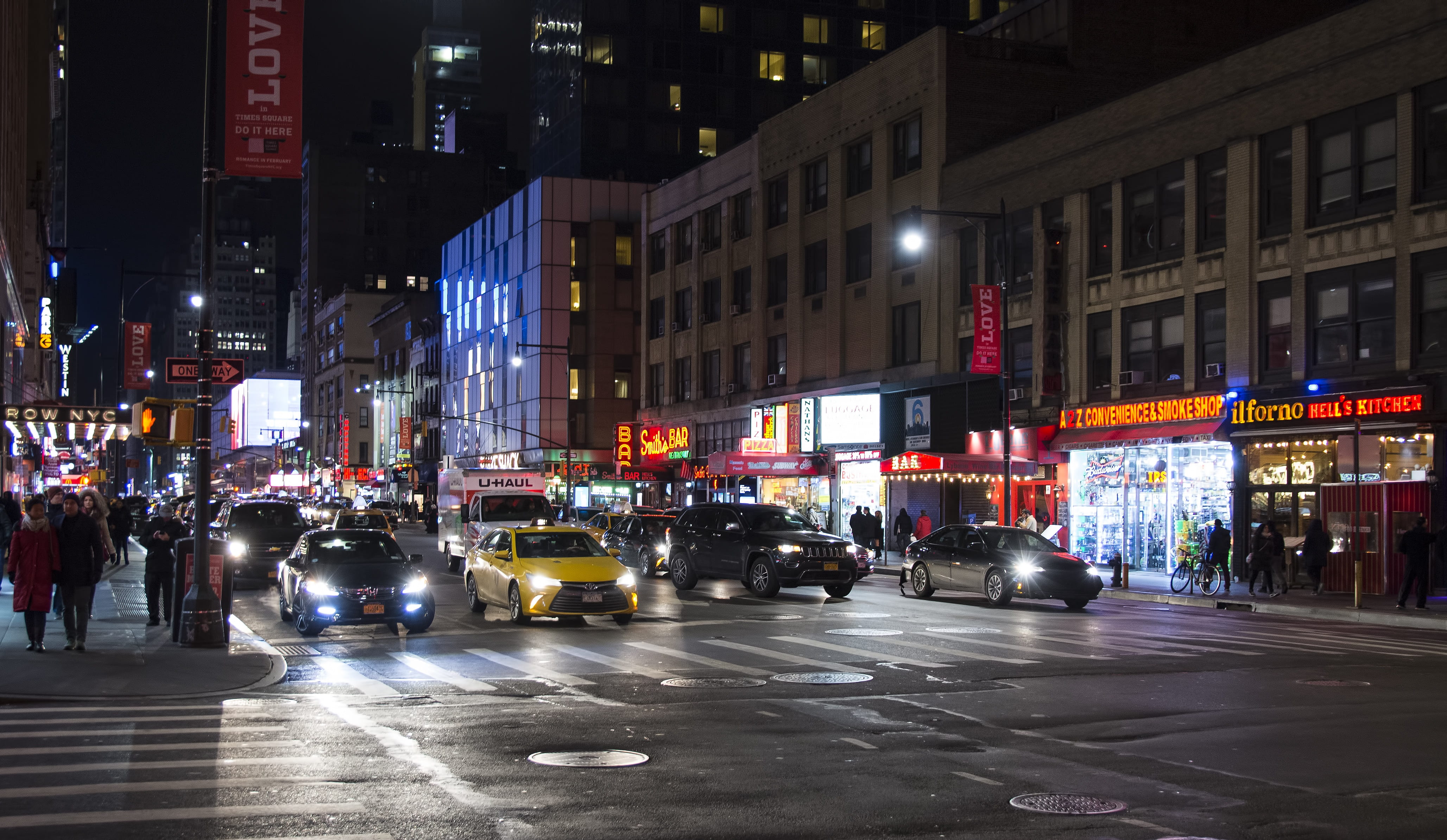 illuminated, manhattan, land vehicle, crossing, road, office building exterior, sign, traffic, city, city street, building exterior, building, new york, HD Wallpaper