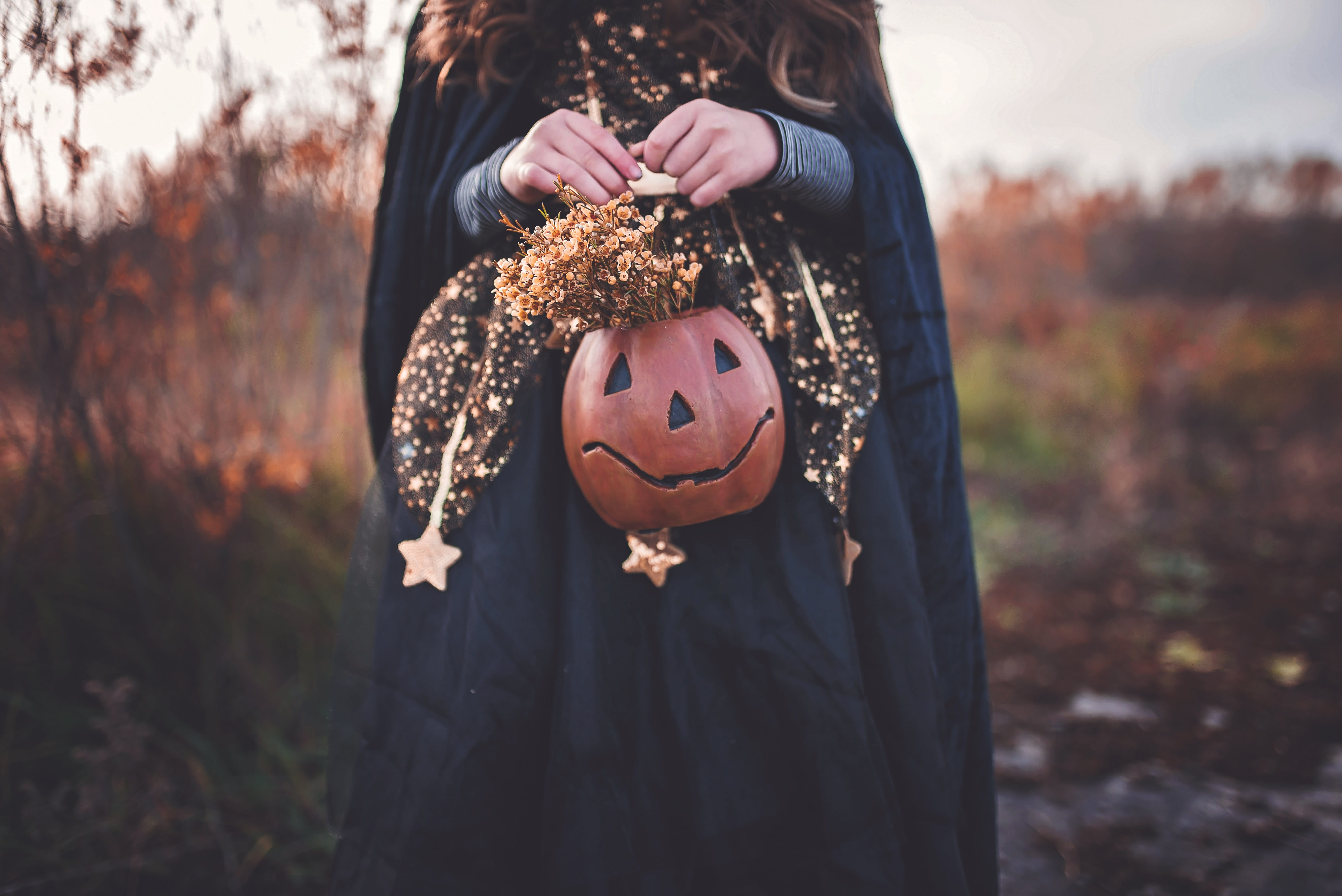 focus on foreground, fall, real people, field, witch, land, 5K, day, autumn, outdoors, wearing, child, costume, person, plant, halloween, standing, clothing, HD Wallpaper