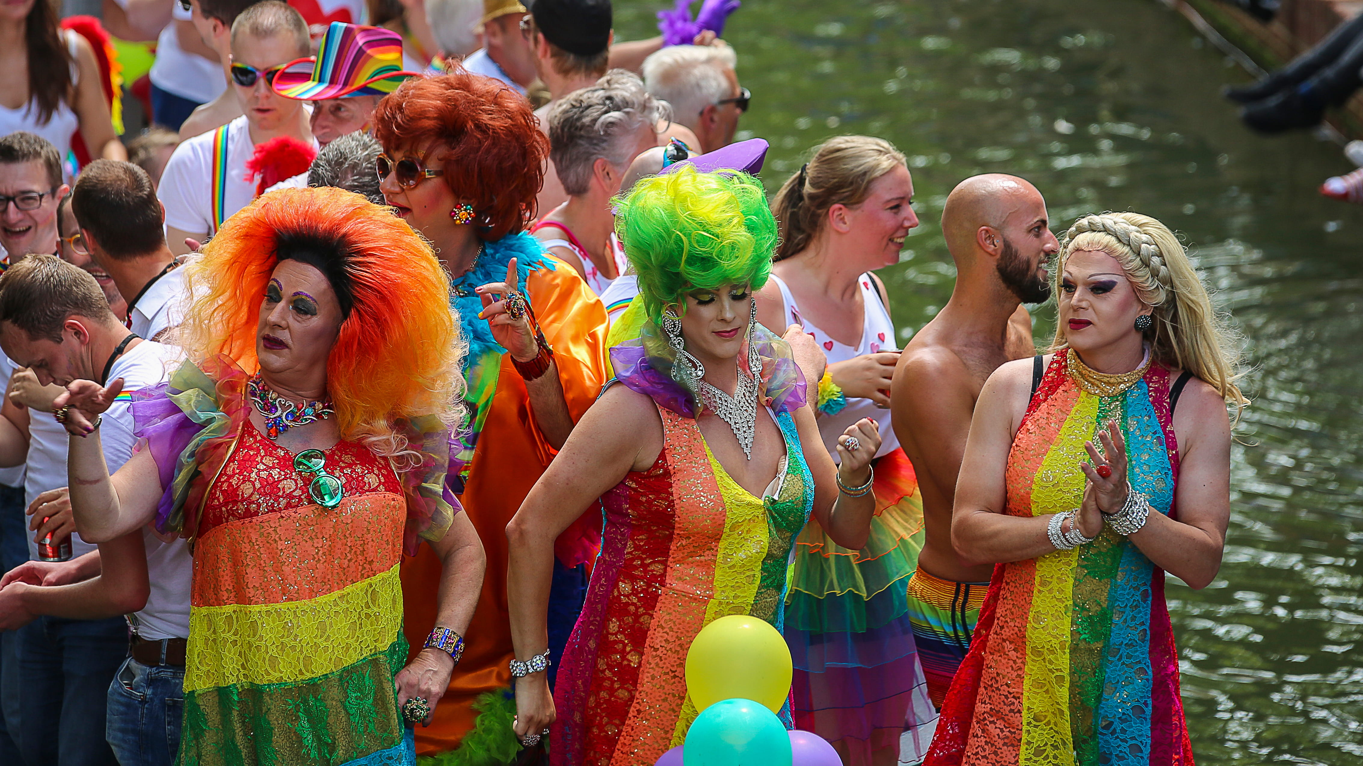 three, street, front, rainbow, adult, colorful, day, wear, balloons, fun, daytime, outdoors, event, wearing, multi colored, enjoyment, people, happiness, HD Wallpaper