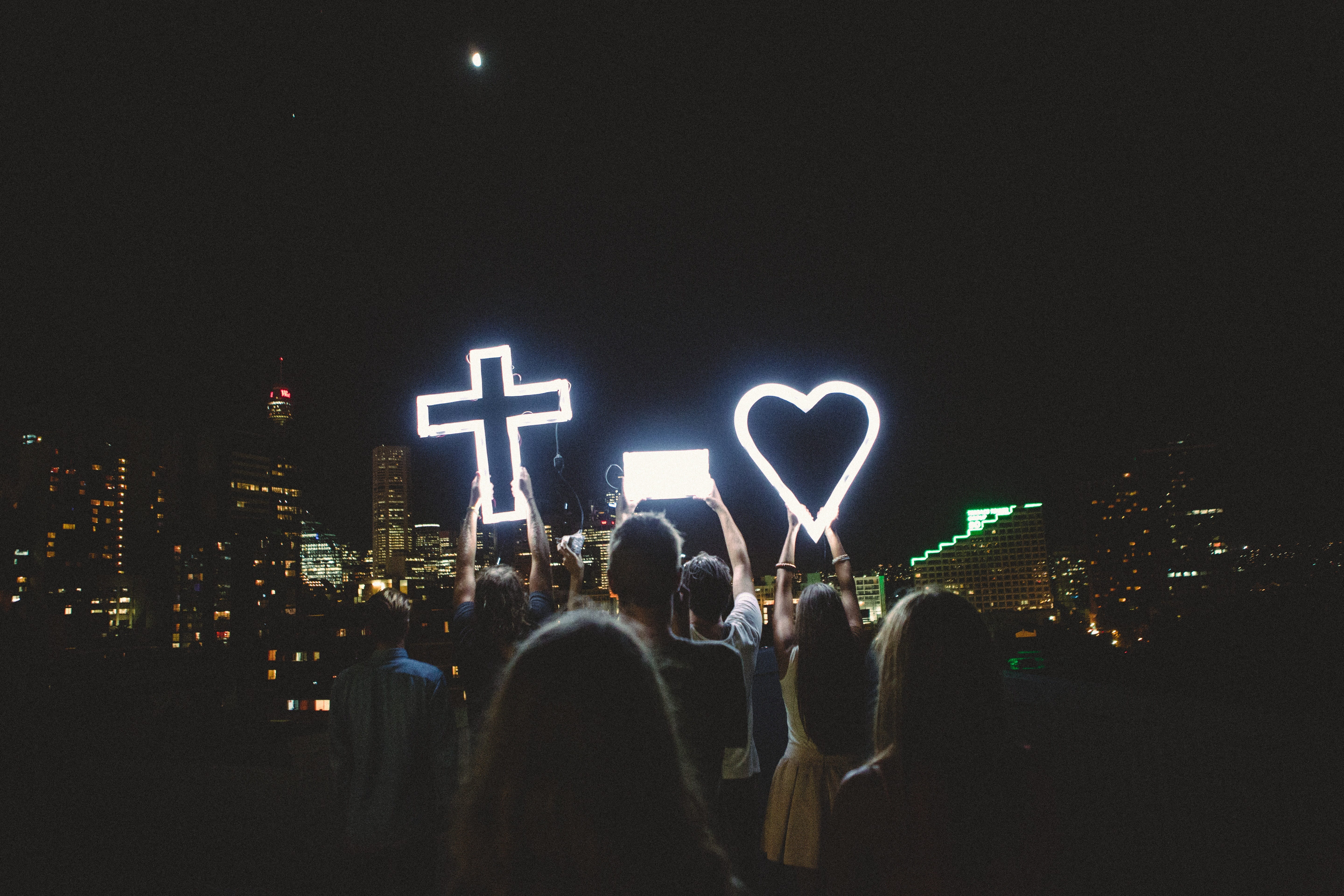 men, selective, support, crowd, neon, religious, light, nature, rear view, urban Scene, sky, illuminated, Cross, female, adult, outdoors, 5K, lifestyles, HD Wallpaper