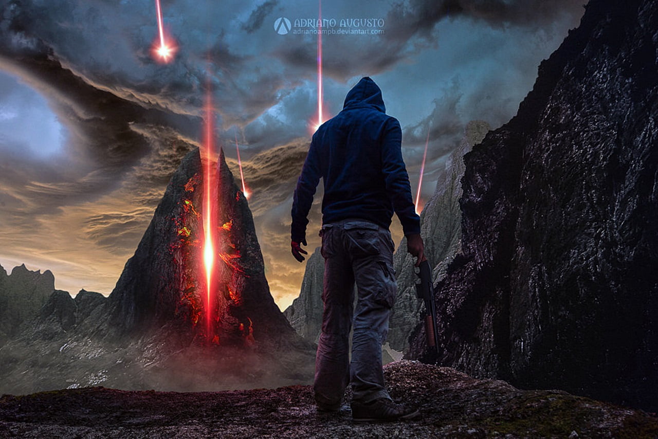 occupation, hair, black, two, holding, white, motion, exploding, mountains, fantasy art, outdoors, digital art, hood - clothing, standing, extensions, smoke - physical structure, HD Wallpaper