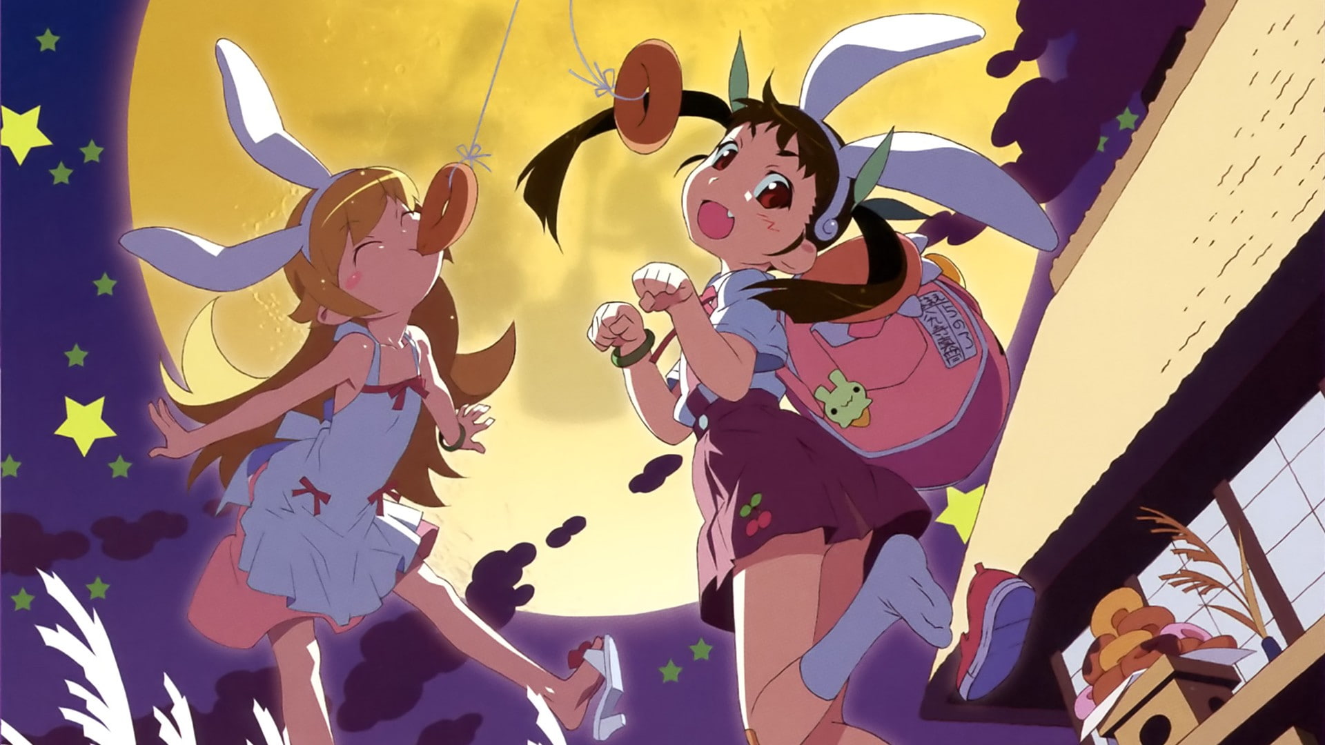 1080P, donut, Oshino Shinobu, Monogatari Series, stars, Hachikuji Mayoi, HD Wallpaper