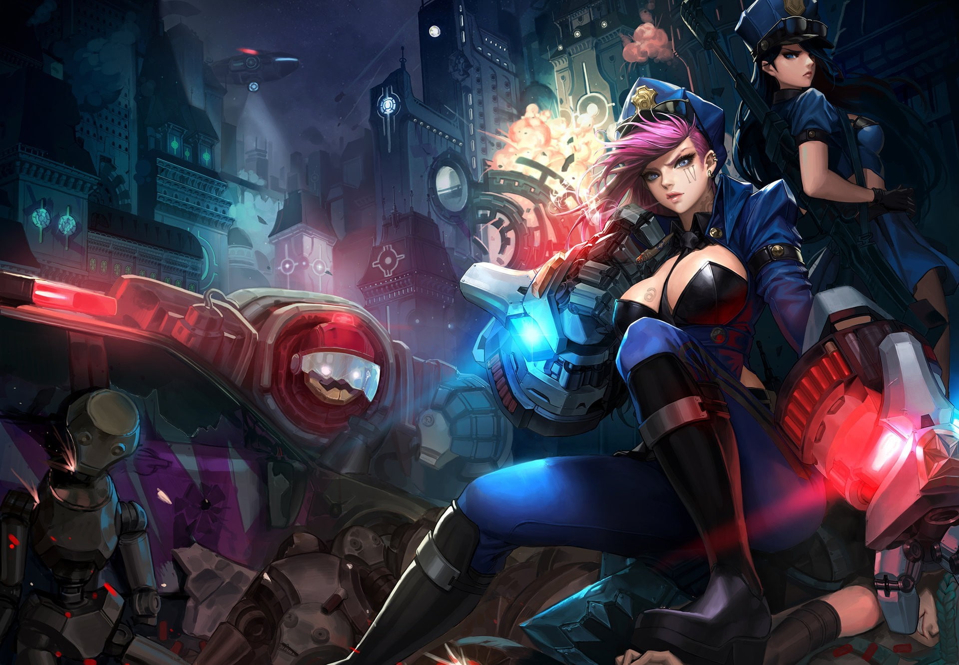 Jinx (League Of Legends), 1080P, night, young women, digital composite, adult, Caitlyn (league Of Legends), lifestyles, illuminated, real people, mid adult, HD Wallpaper