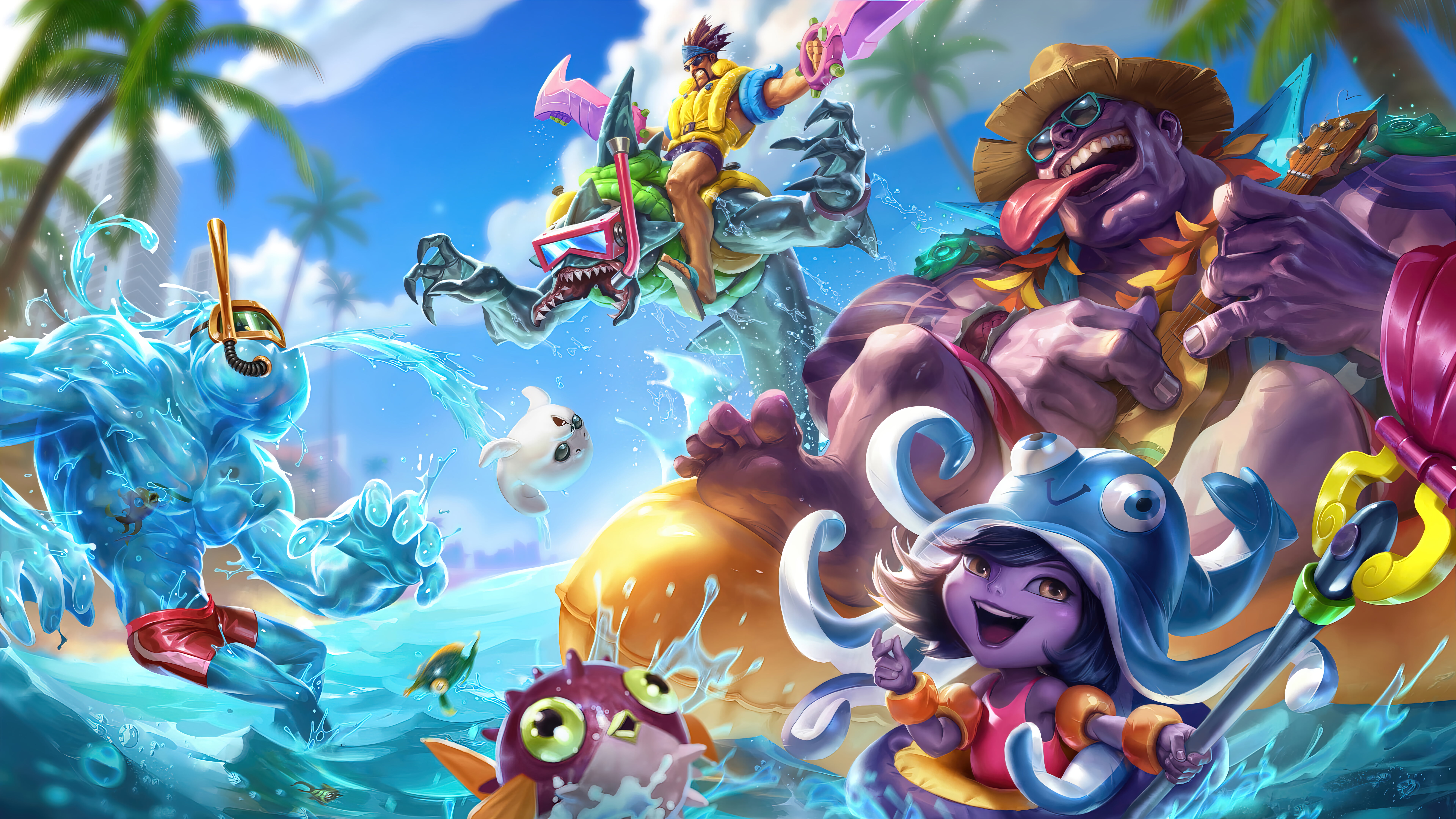 League of Legends, Riot Games, Dr. Mundo, Dr. Mundo (League of Legends), summer, 4K, digital art, pool party, 8K, HD Wallpaper