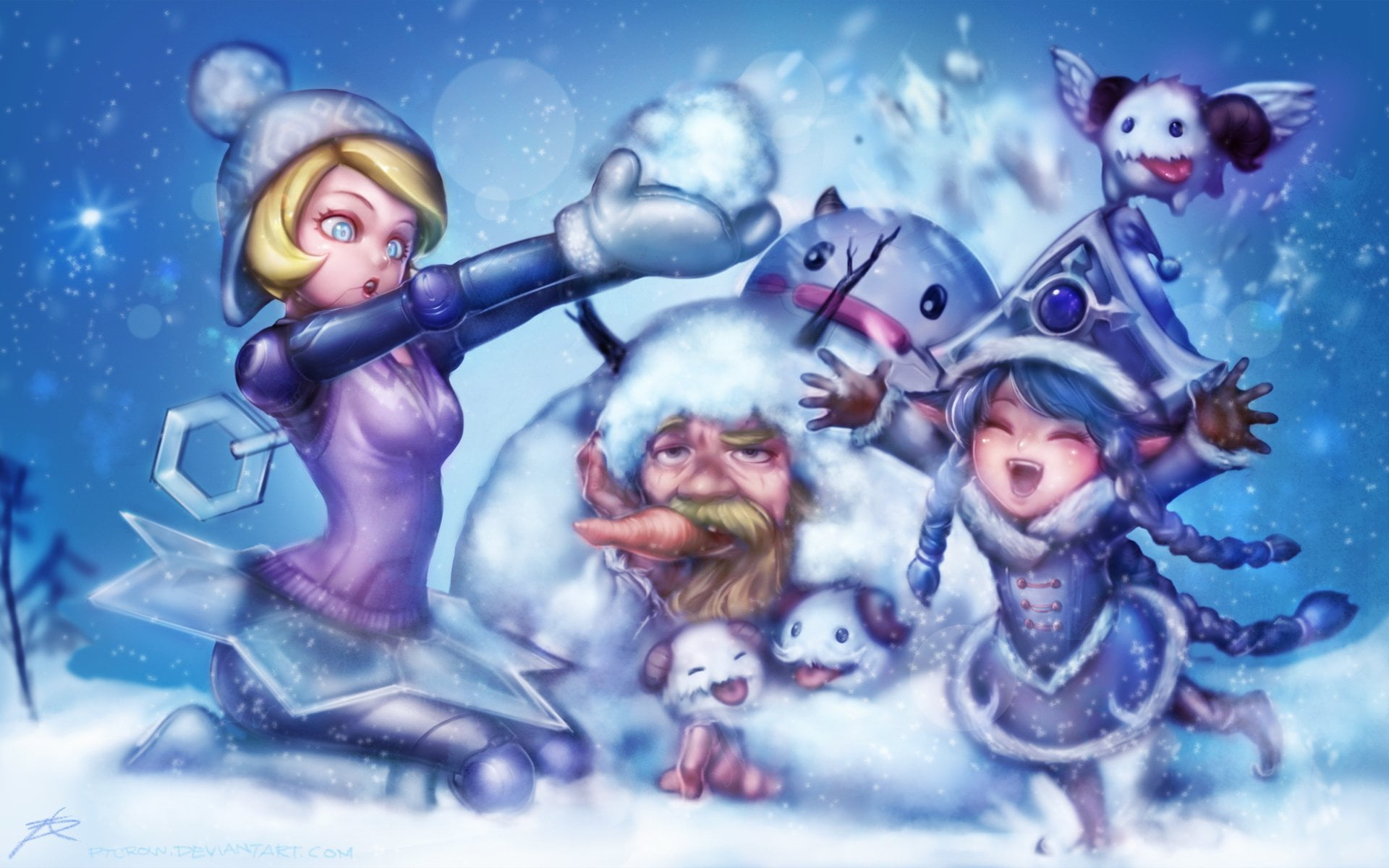 blue, Olaf (League Of Legends), blue background, studio shot, Orianna (League Of Legends), women, nature, Lulu (League Of Legends), digital composite, 1080P, HD Wallpaper