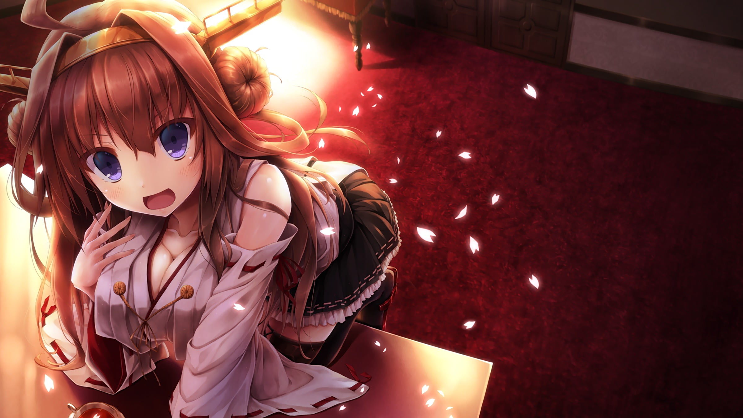 beautiful woman, casual clothing, Kantai Collection, Kongou (KanColle), manga, hair, indoors, front view, thigh-highs, hairstyle, high angle view, lighting equipment, HD Wallpaper