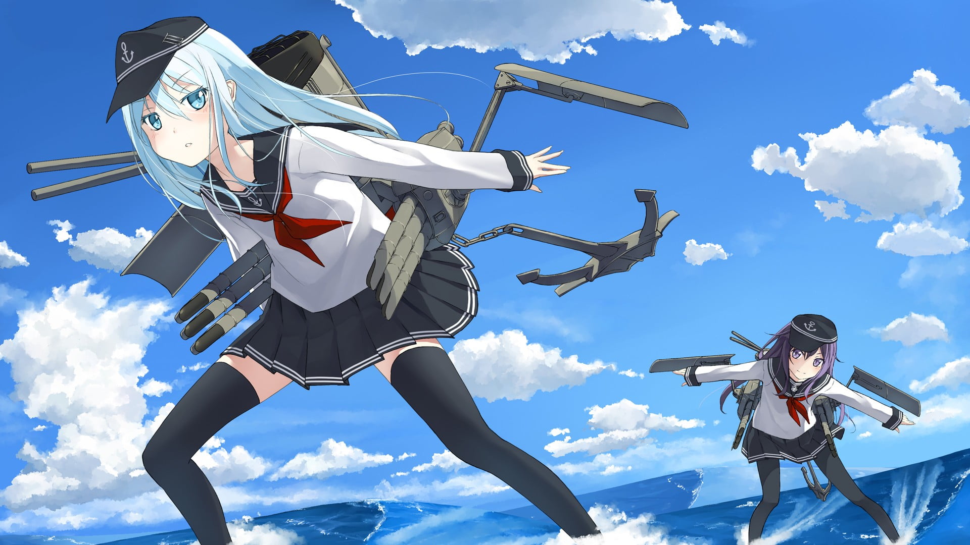 low angle view, Kantai Collection, cloud - sky, nature, Akatsuki (KanColle), lifestyles, transportation, flying, mid-air, human arm, people, air vehicle, HD Wallpaper
