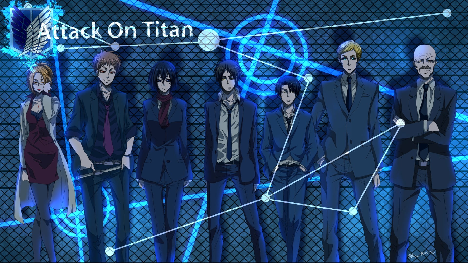 wireless technology, Attack On Titan, blue, Levi Ackerman, males, digital composite, people, railing, communication, Anime, business person, human representation, HD Wallpaper