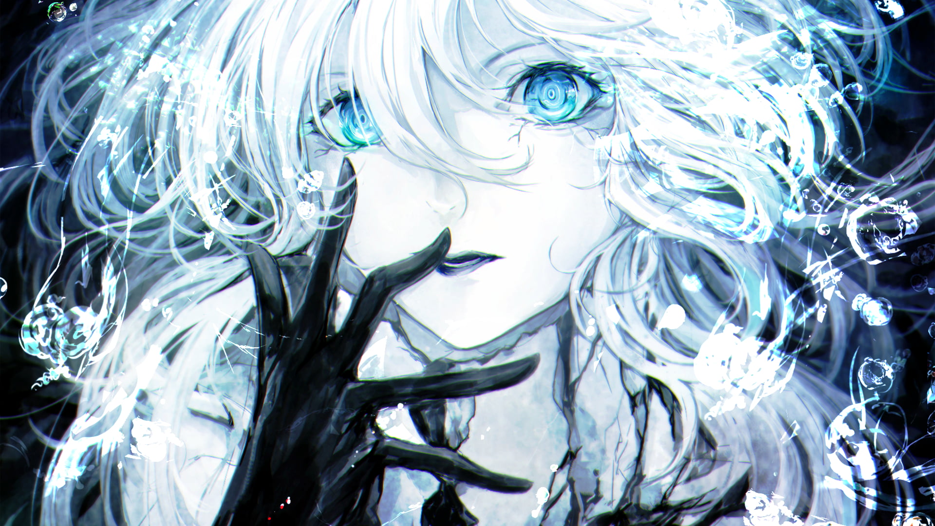anime girls, water, underwater, full frame, ink, cyan, motion, bright, tangled, white, eyes, white color, 1080P, anime, nature, glowing, creativity, Kantai Collection, HD Wallpaper