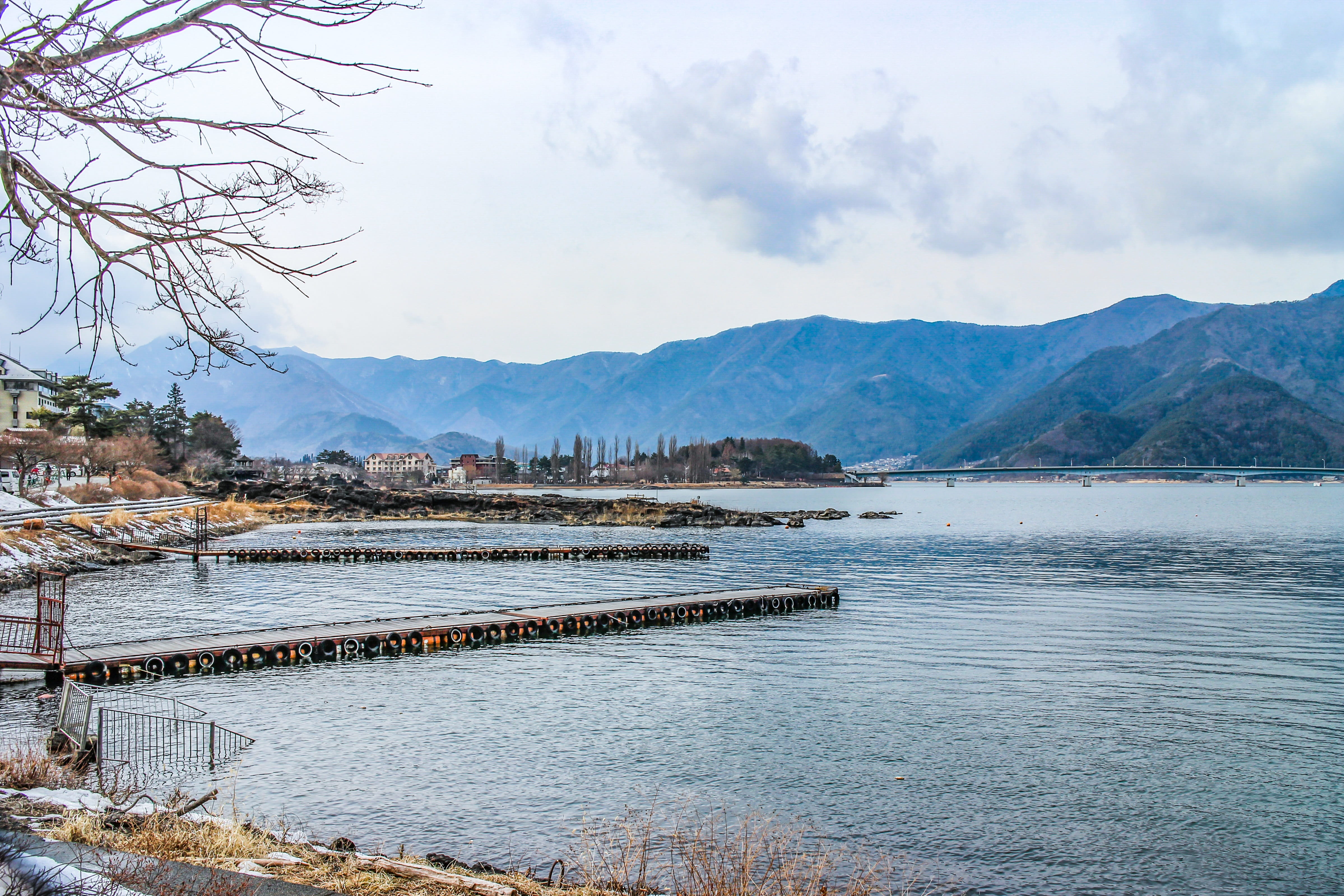 japan, nature, plant, mountain range, kawaguchiko, non-urban scene, tranquility, lake, day, outdoors, cloud - sky, 4K, tranquil scene, water, scenics - nature, HD Wallpaper