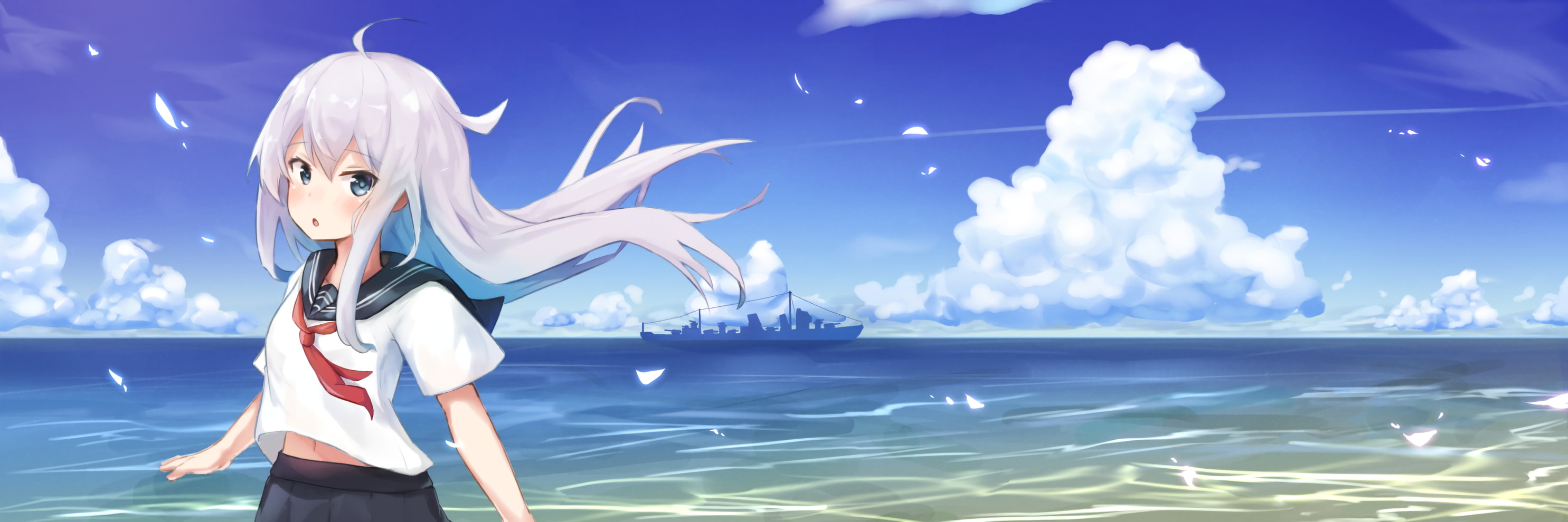 sea, schoolgirl, blue, fantasy, young adult, anime, young women, sky, one person, beauty in nature, ice, women, 2K, beauty, anime girls, digital composite, HD Wallpaper