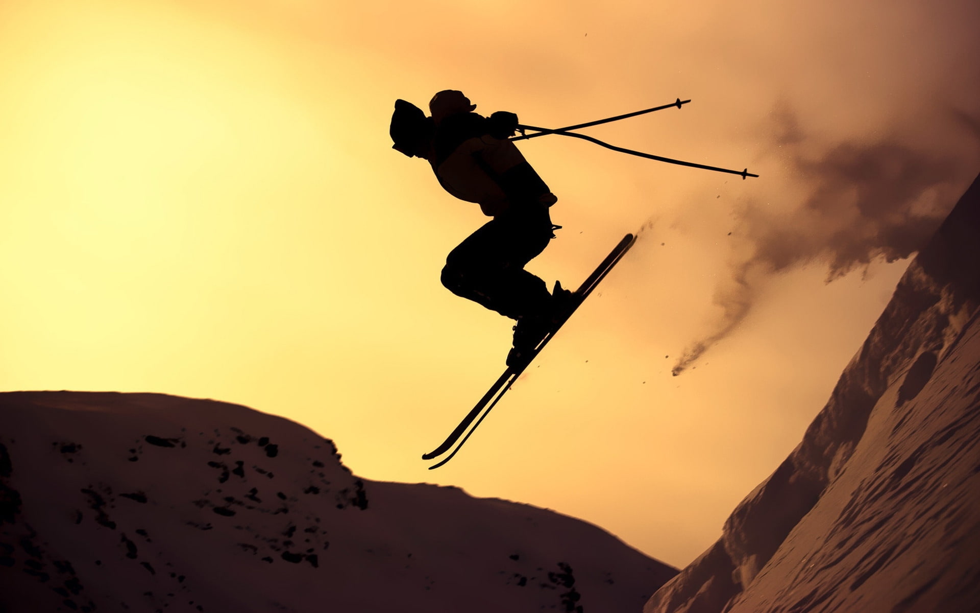 orange, red, ski, sunset, snow, 1080P, skiing, HD Wallpaper