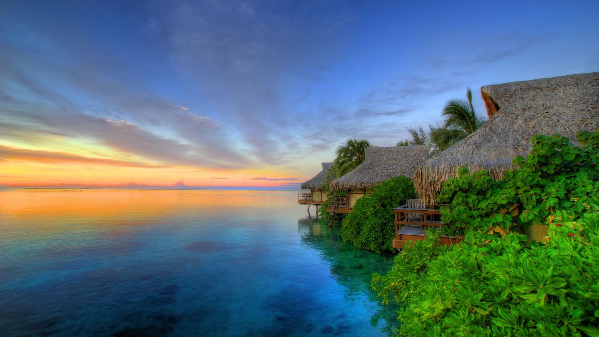 sunrise, exotic, orange, nature, sunset, tropical, 3d and abs, skies, blue, beautiful, 1080P, warm, ocean, tropics, HD Wallpaper