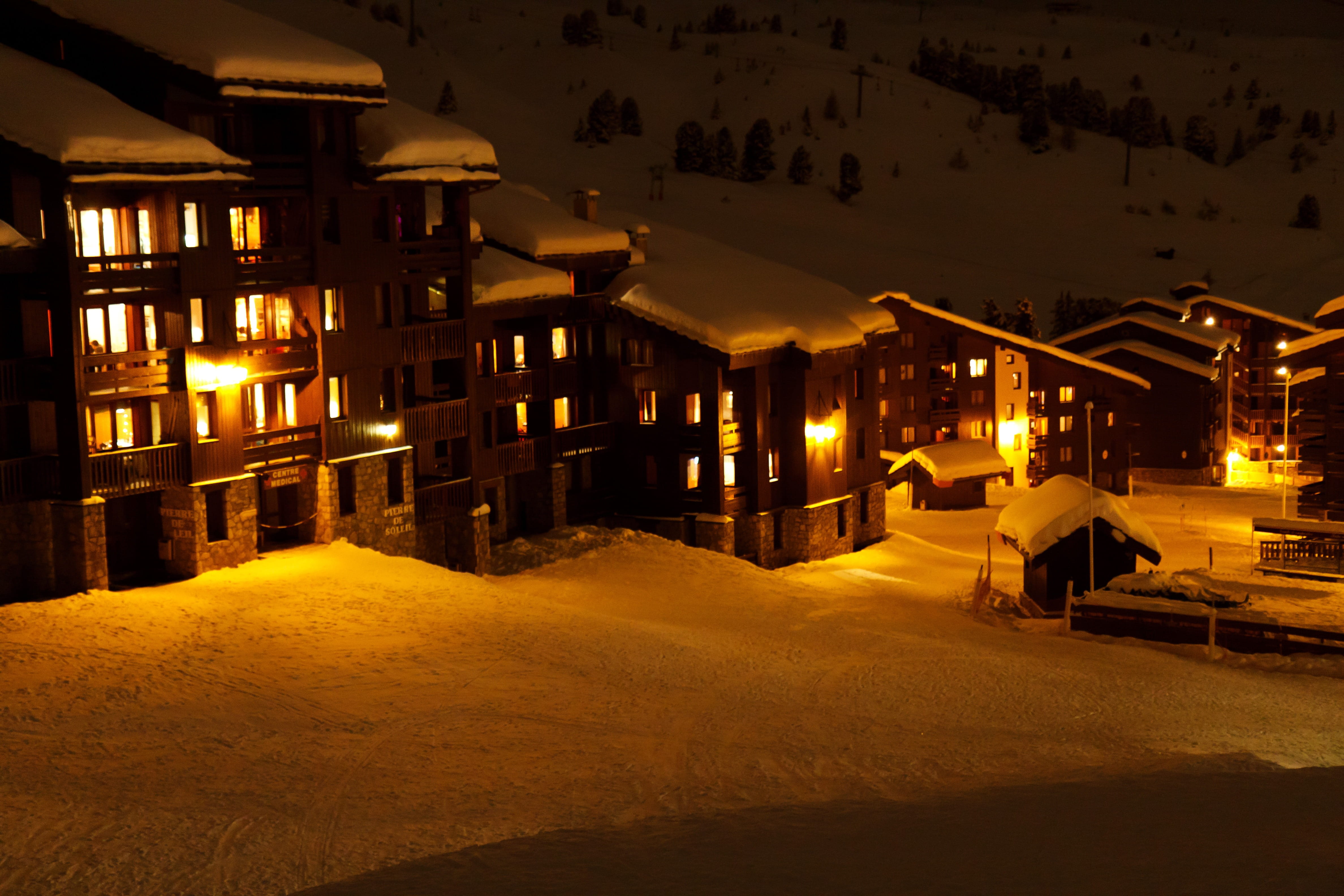 building, France, glowing, Landscape, snow, building exterior, nighttime, surrounded, covered, House, Orange, Alps, land, scene, town, resort, 4K, architecture, HD Wallpaper