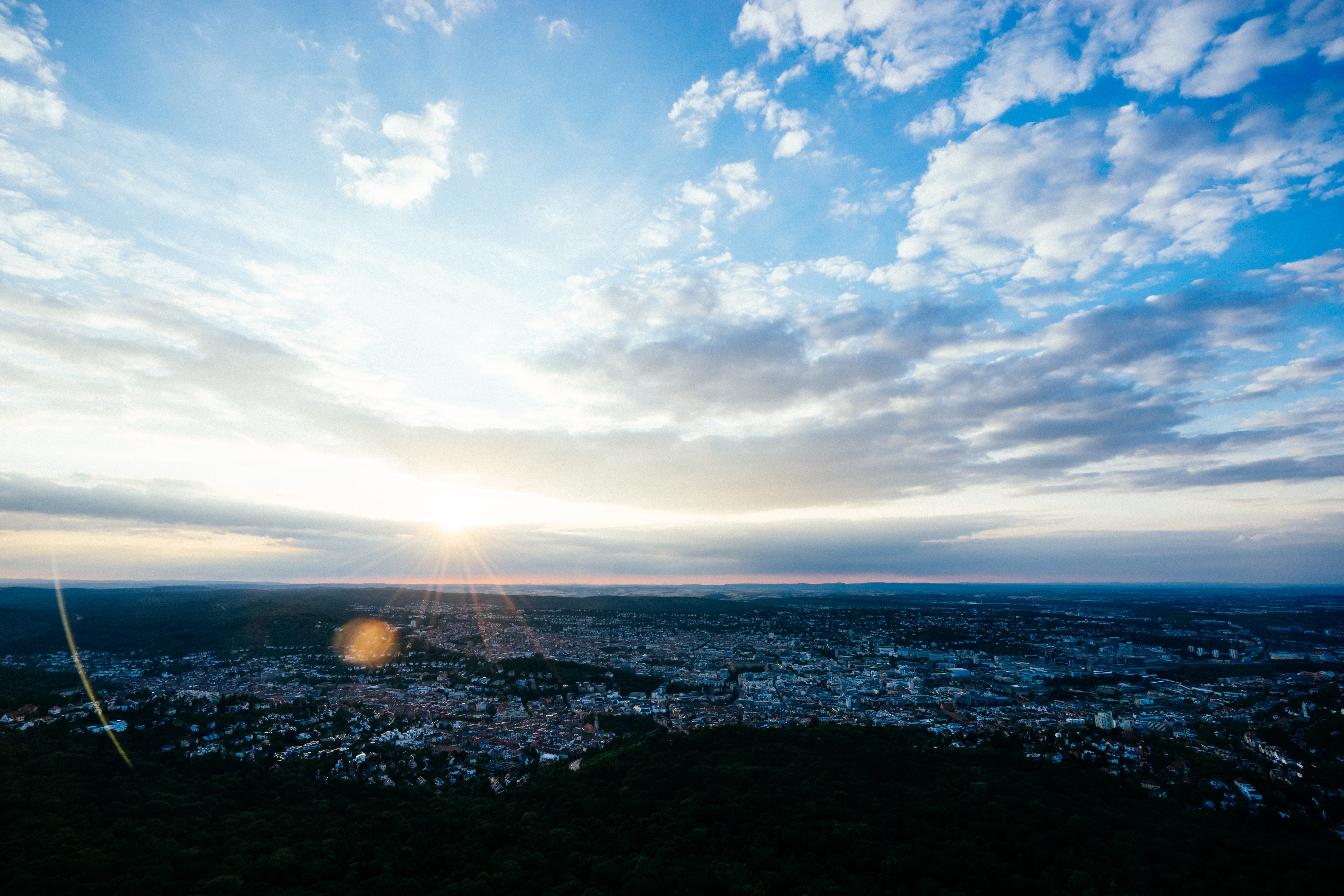 tranquility, no people, built structure, horizon, architecture, sky, clouds, sunbeam, sun, environment, bright, television tower, cityscape, lens flare, HD Wallpaper