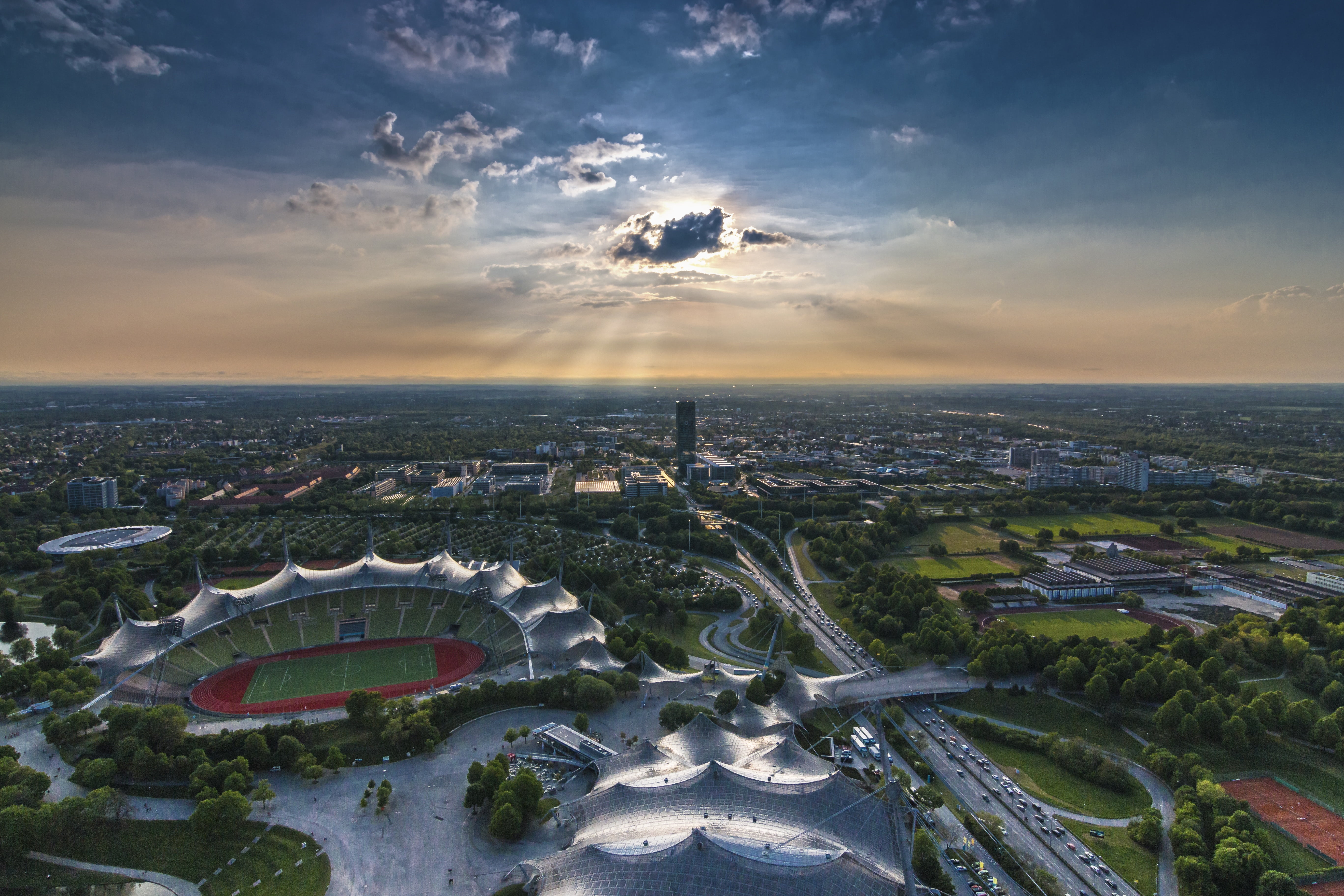 soccer, aerial view, built structure, view, olympia, olympic stadium, urban Skyline, building, nature, no people, observation tower, sport, connection, HD Wallpaper