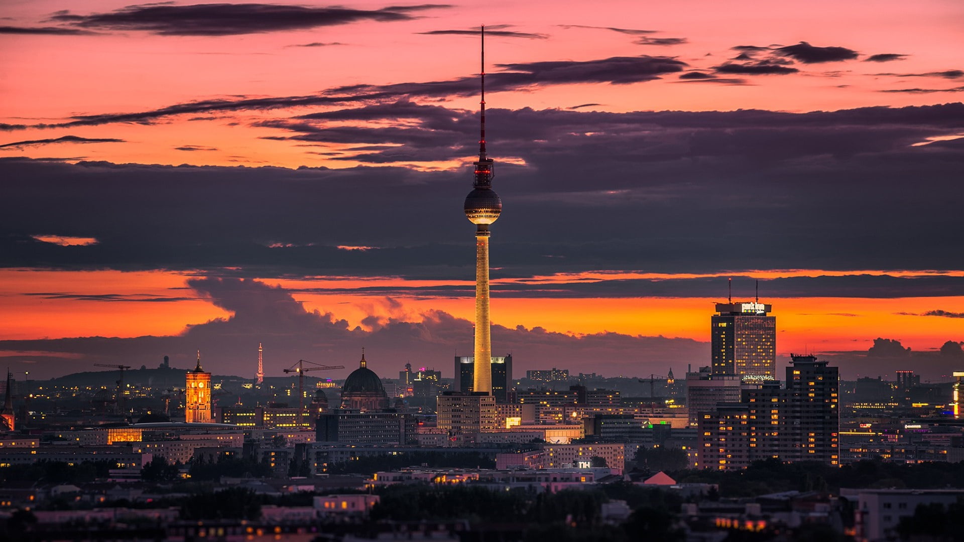 sky, fernsehturm, city life, building exterior, tower, romantic sky, architecture, modern, travel, office building exterior, sunset, cloud, cityscape, building, HD Wallpaper