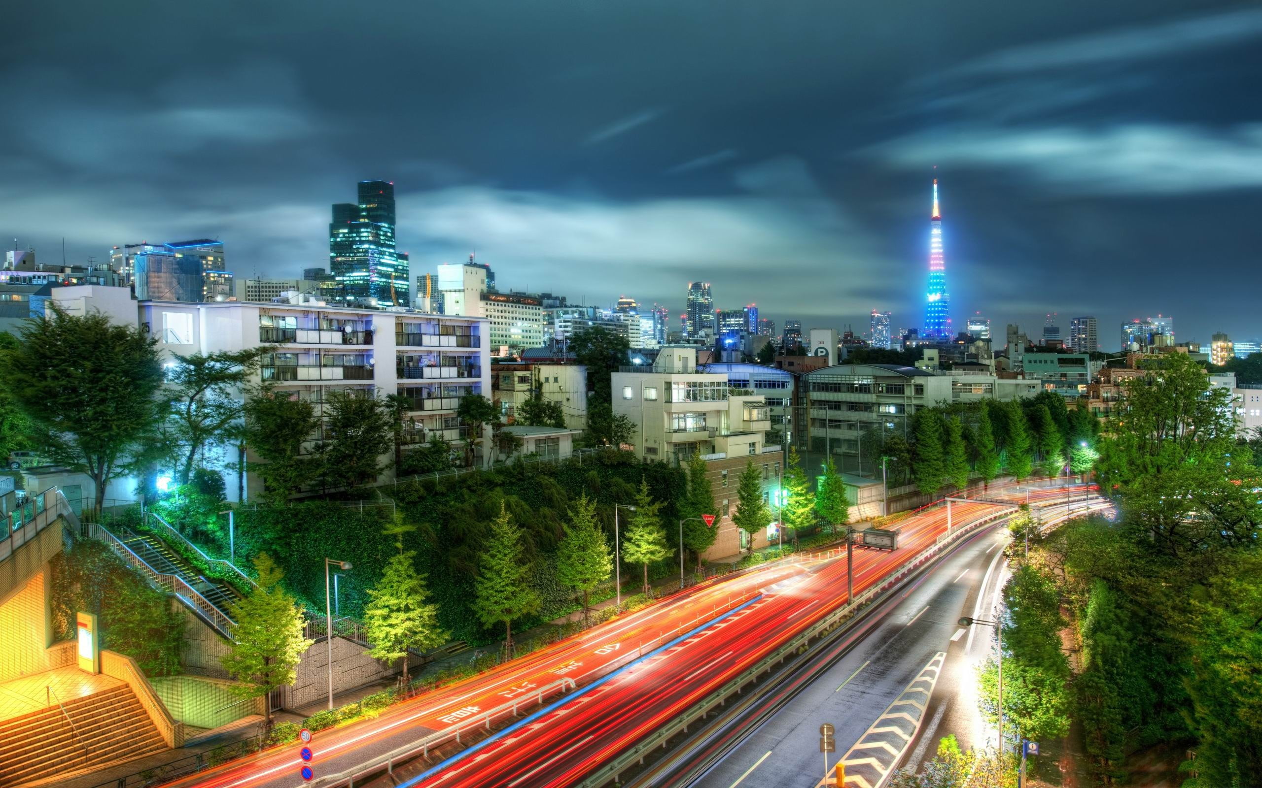 architecture, white, buildings, roppongi, time, road, building exterior, skyscraper, cityscape, cloud - sky, japan, transportation, light trail, HD Wallpaper
