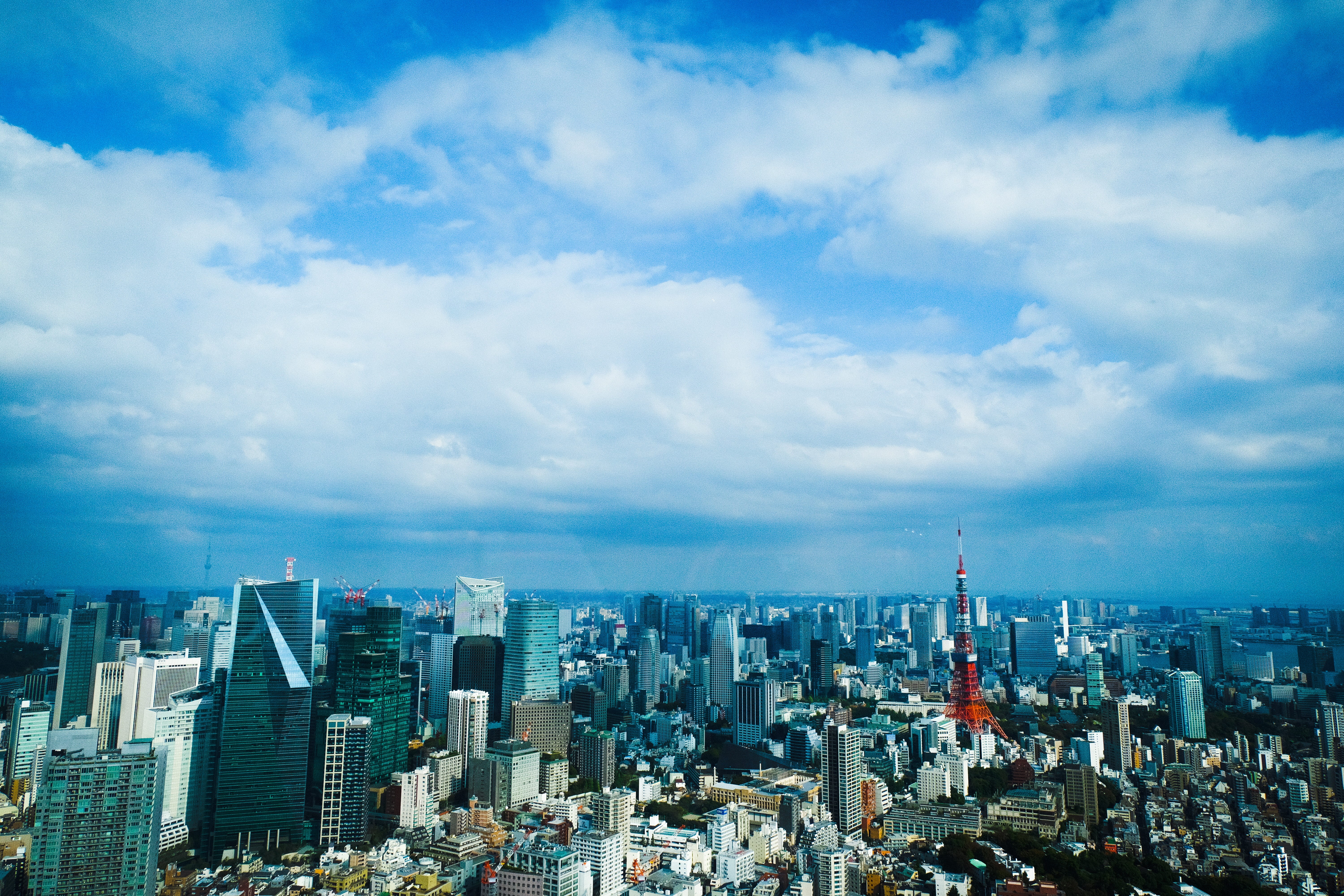 architecture, outdoors, office building exterior, urban skyline, financial district, japan, tokyo city view and sky deck, blue, modern, 5K, cloud - sky, HD Wallpaper