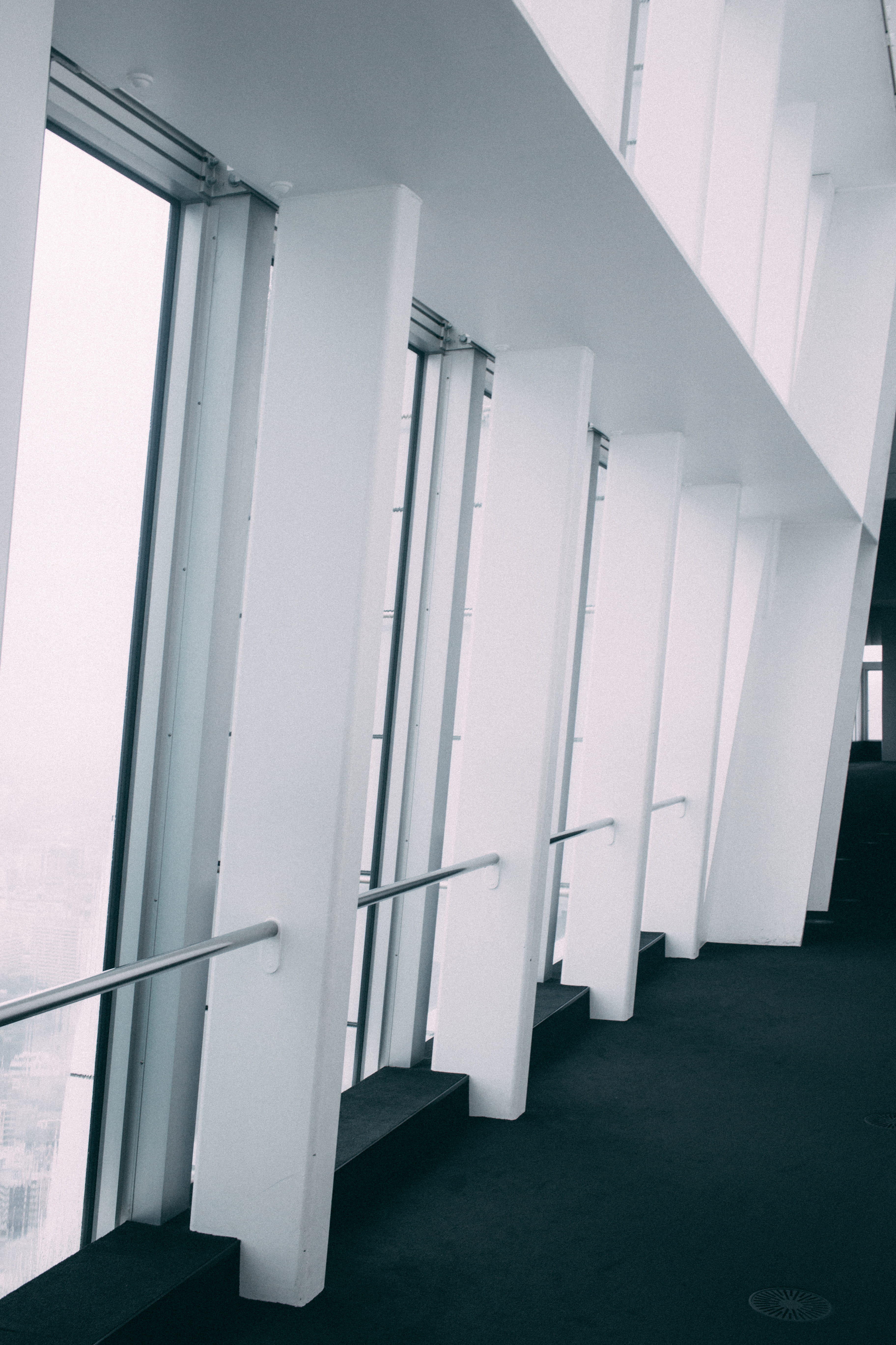 white color, sky, railing, absence, corridor, built structure, height, building, architectural column, tokyo, mori art museum, window, in a row, japan, Phone HD Wallpaper