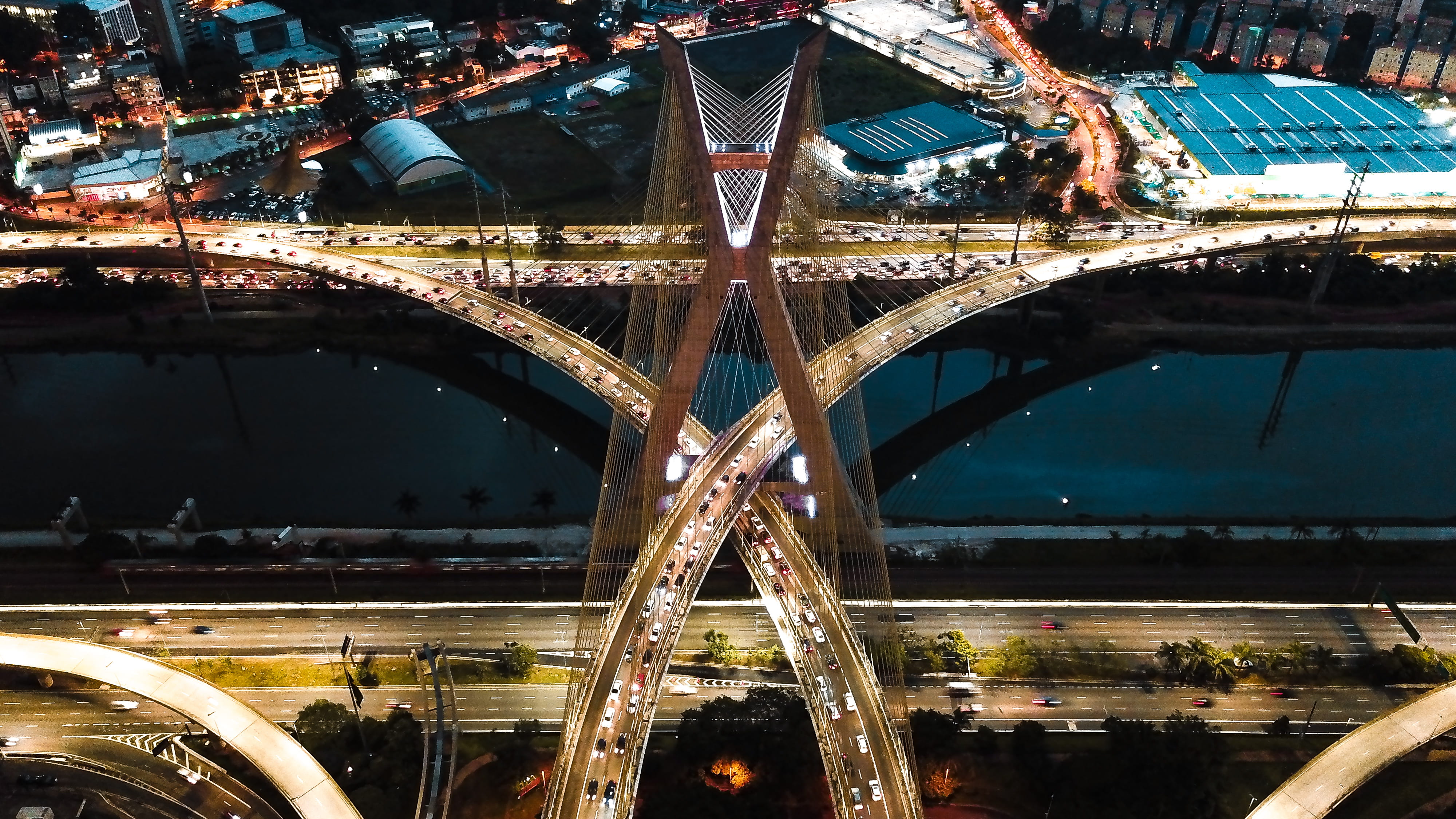 way, travel destinations, aerial view, high angle view, architecture, mode of transportation, illuminated, town, multiple lane highway, building exterior, HD Wallpaper