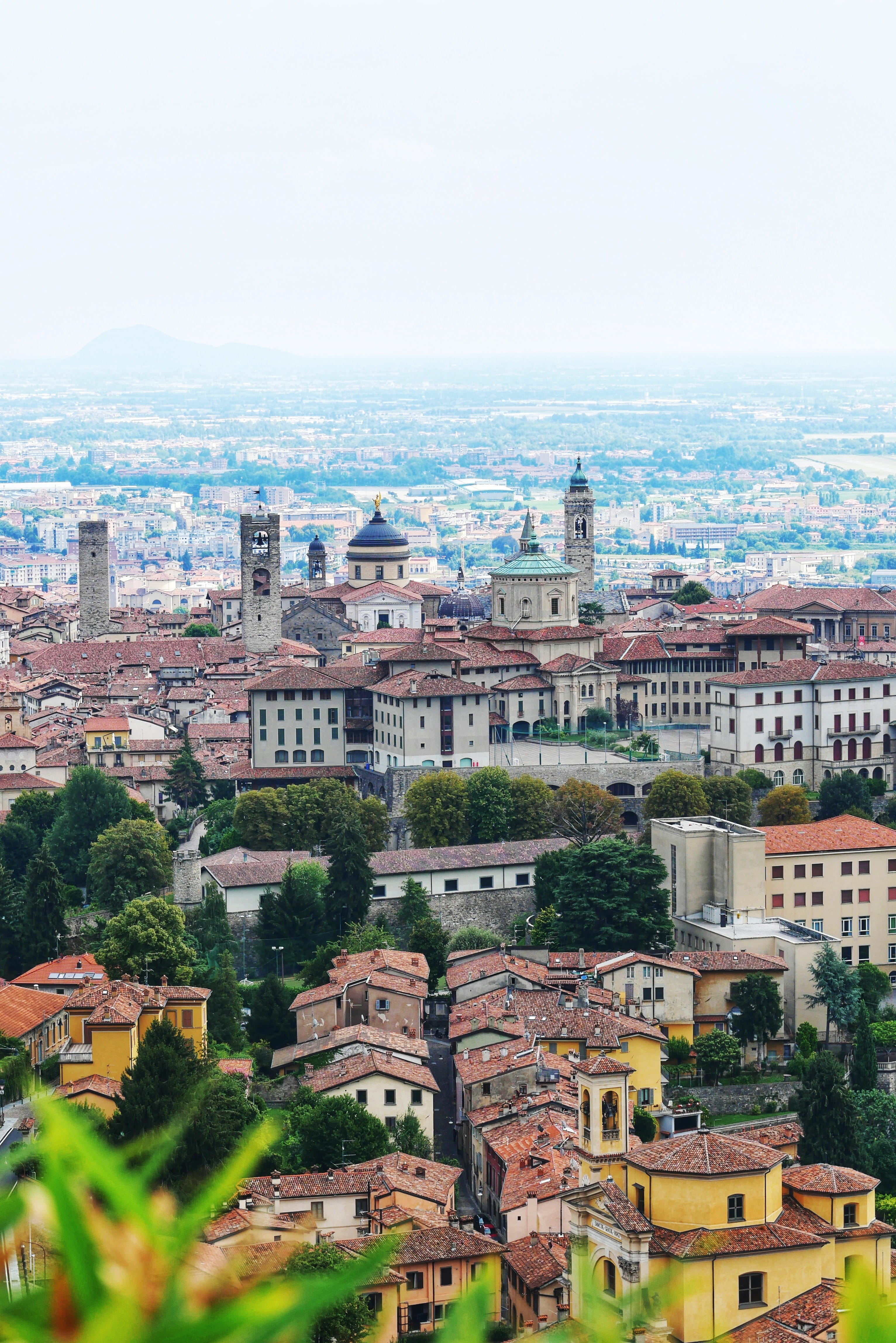 day, travel destinations, spire, bergamo città alta, aerial view, scenery, city, metropolis, landscape, architecture, sky, tree, roofs, old town, downtown, Phone HD Wallpaper