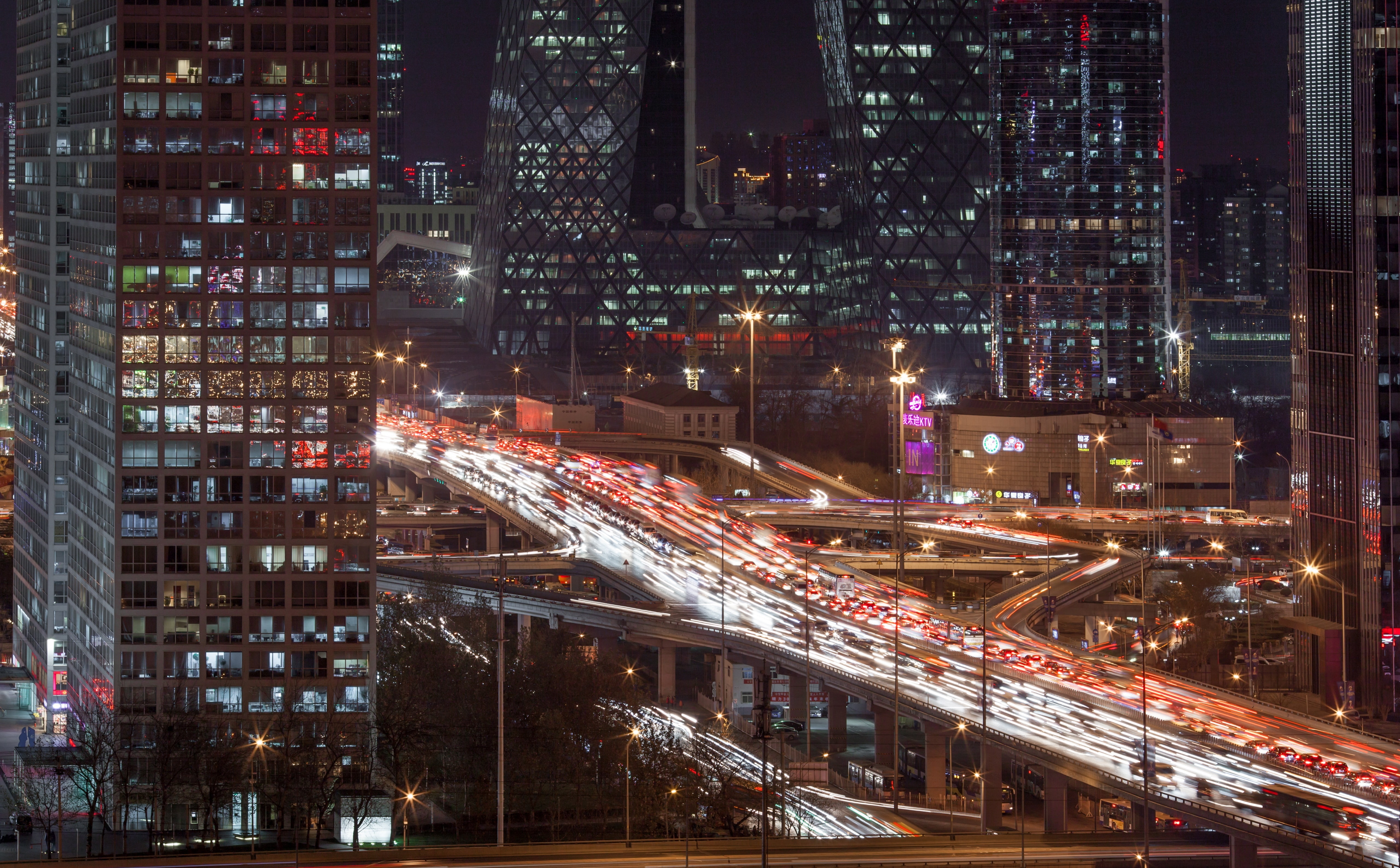Landscape, nighttime, views, Night, centralbusinessdistrict, Cars, city street, aerial, modern, Metropolis, Light, blurred motion, Vista, financial district, HD Wallpaper