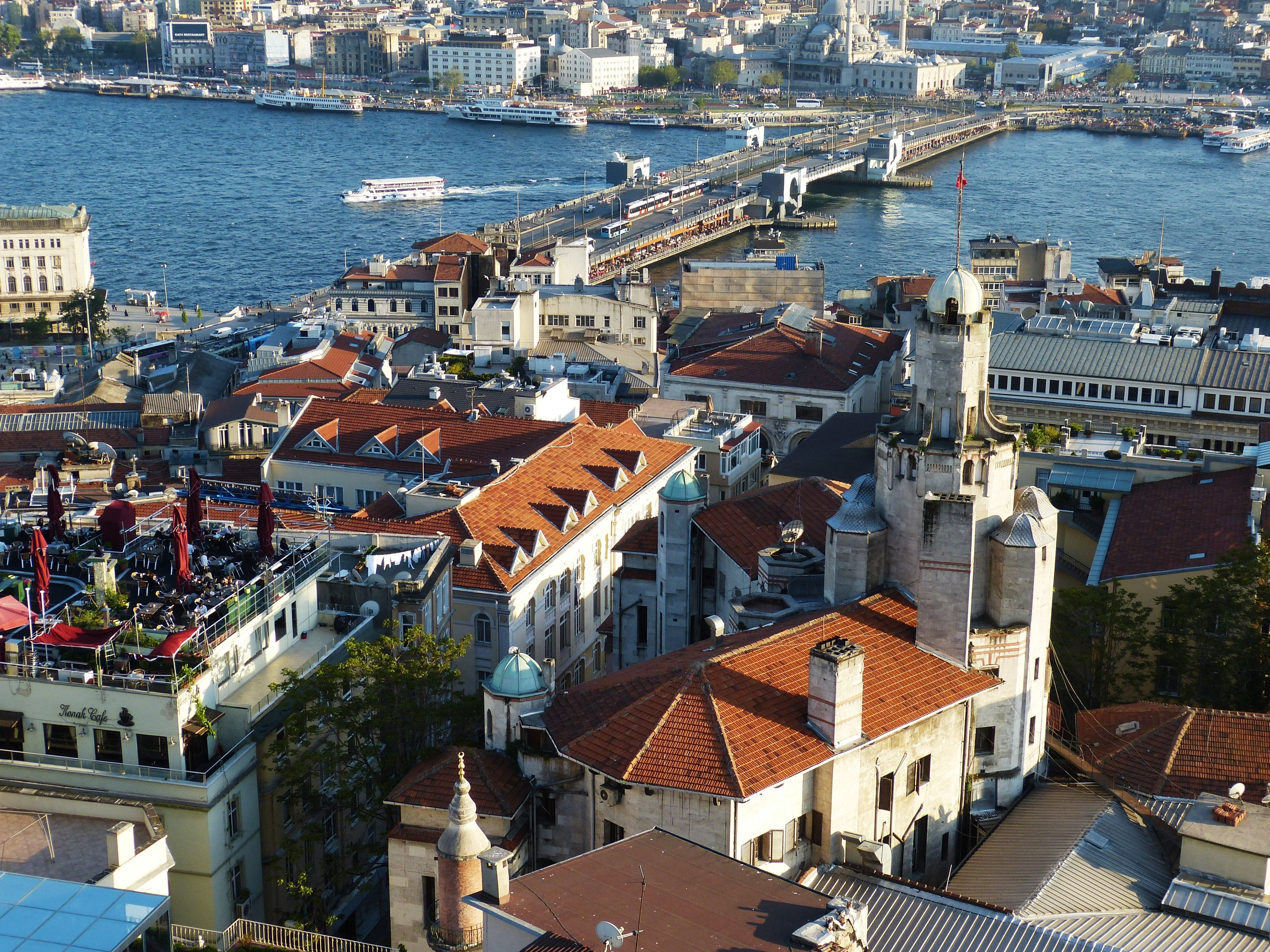golden, roof, high angle view, outlook, minaret, 4K, built structure, galata, church, cityscape, sea, building, golden horn, old town, transportation, HD Wallpaper