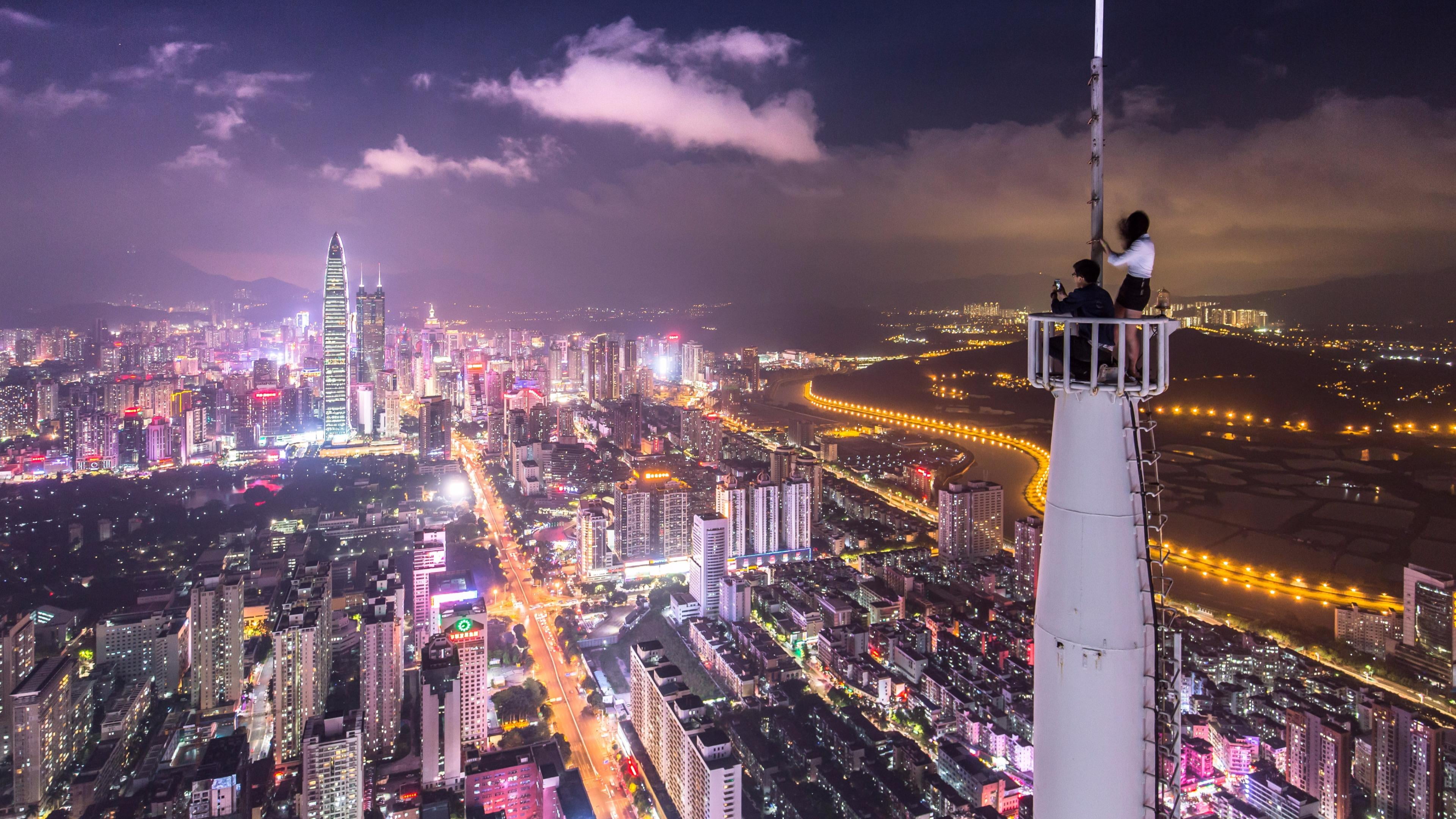 4K, view, financial district, cityscape, china, city lights, tall - high, building exterior, architecture, modern, sky, outdoors, high angle view, street, HD Wallpaper