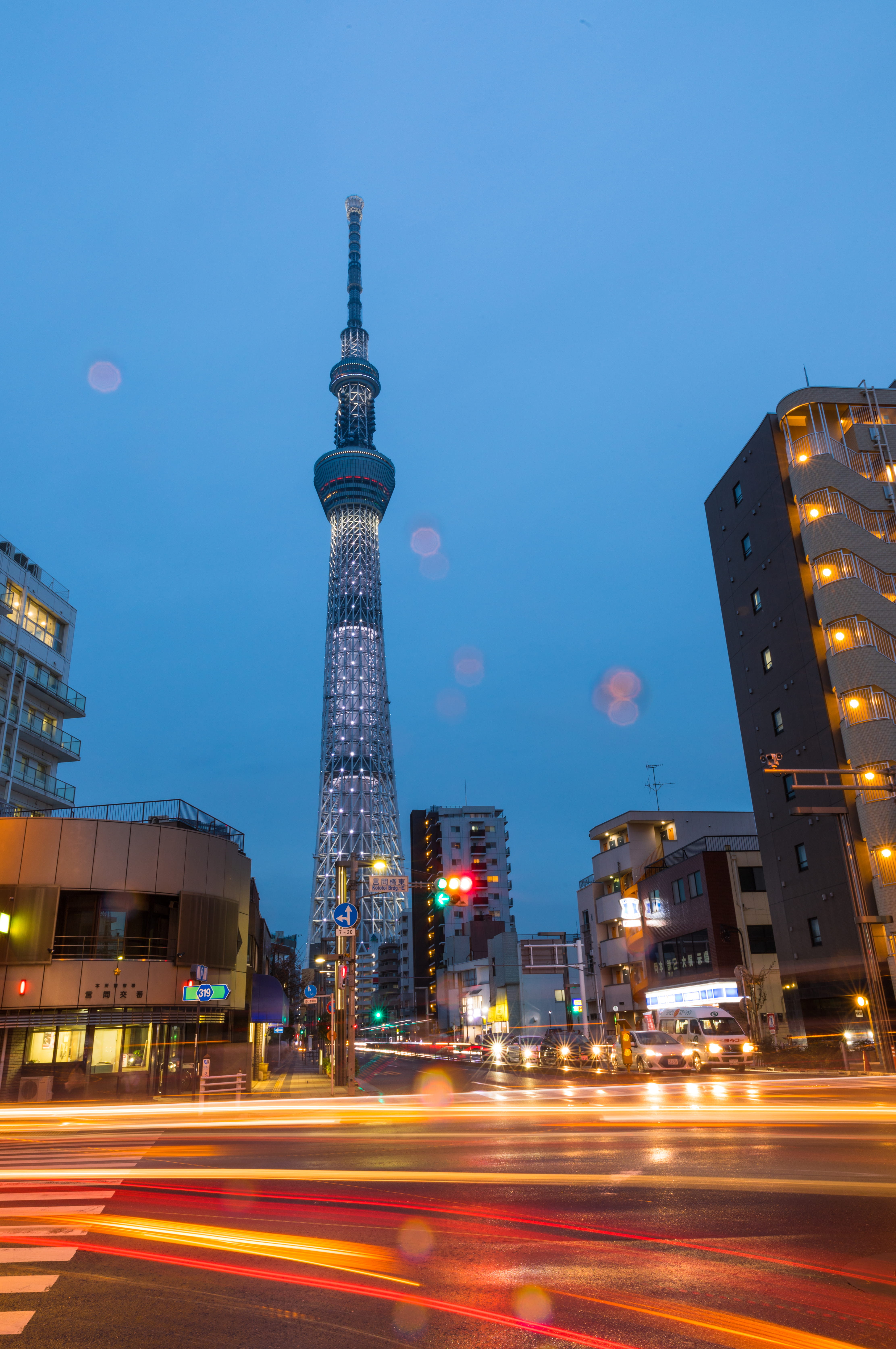 sky, illuminated, building exterior, street, long exposure, city, transportation, motion, light, tall - high, japan, no people, night, built structure, Phone HD Wallpaper