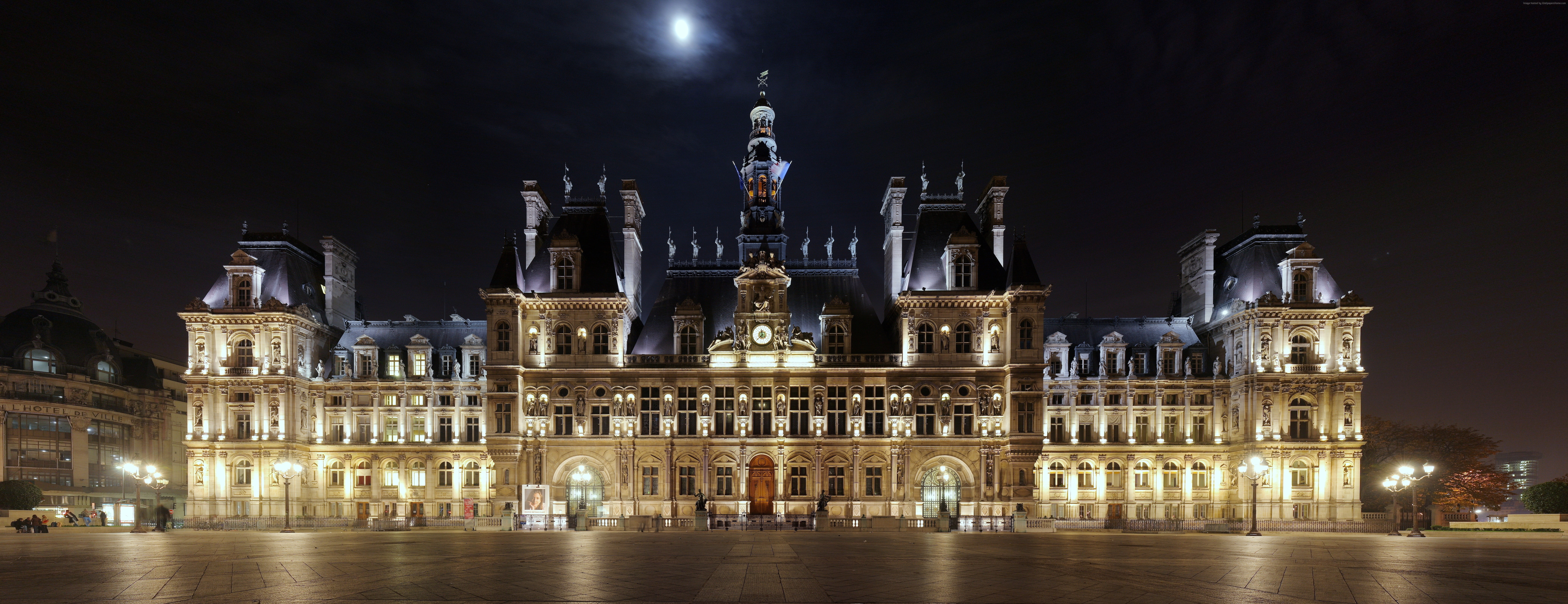 beautiful, architecture, moon, exterior, square, light, hotel, night, castle, 8K, place, Hotel De ville, HD Wallpaper
