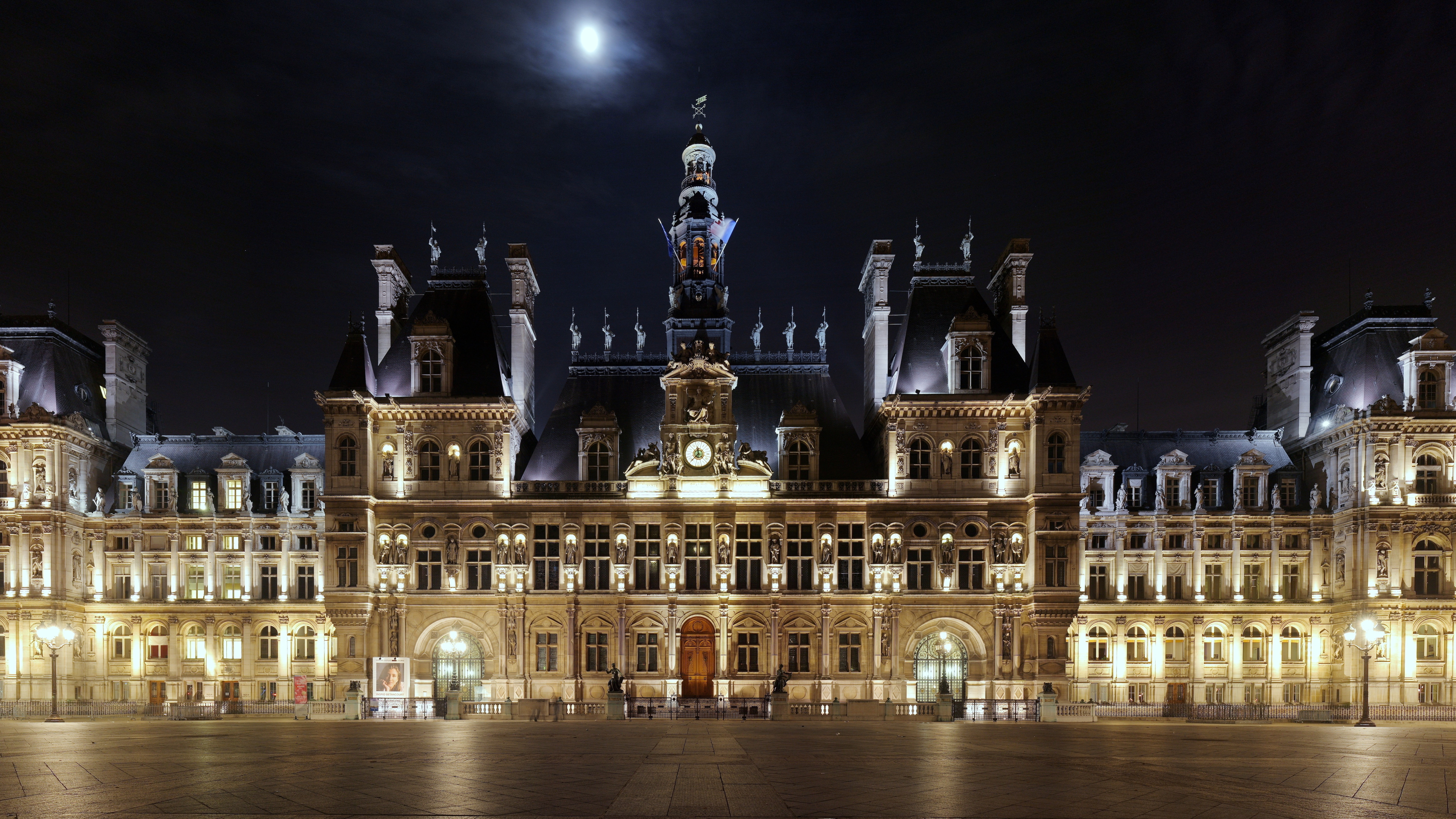 beautiful, hotel, square, beige, building, exterior, night, light, Hotel De ville, 8K, moon, castle, architecture, place, HD Wallpaper