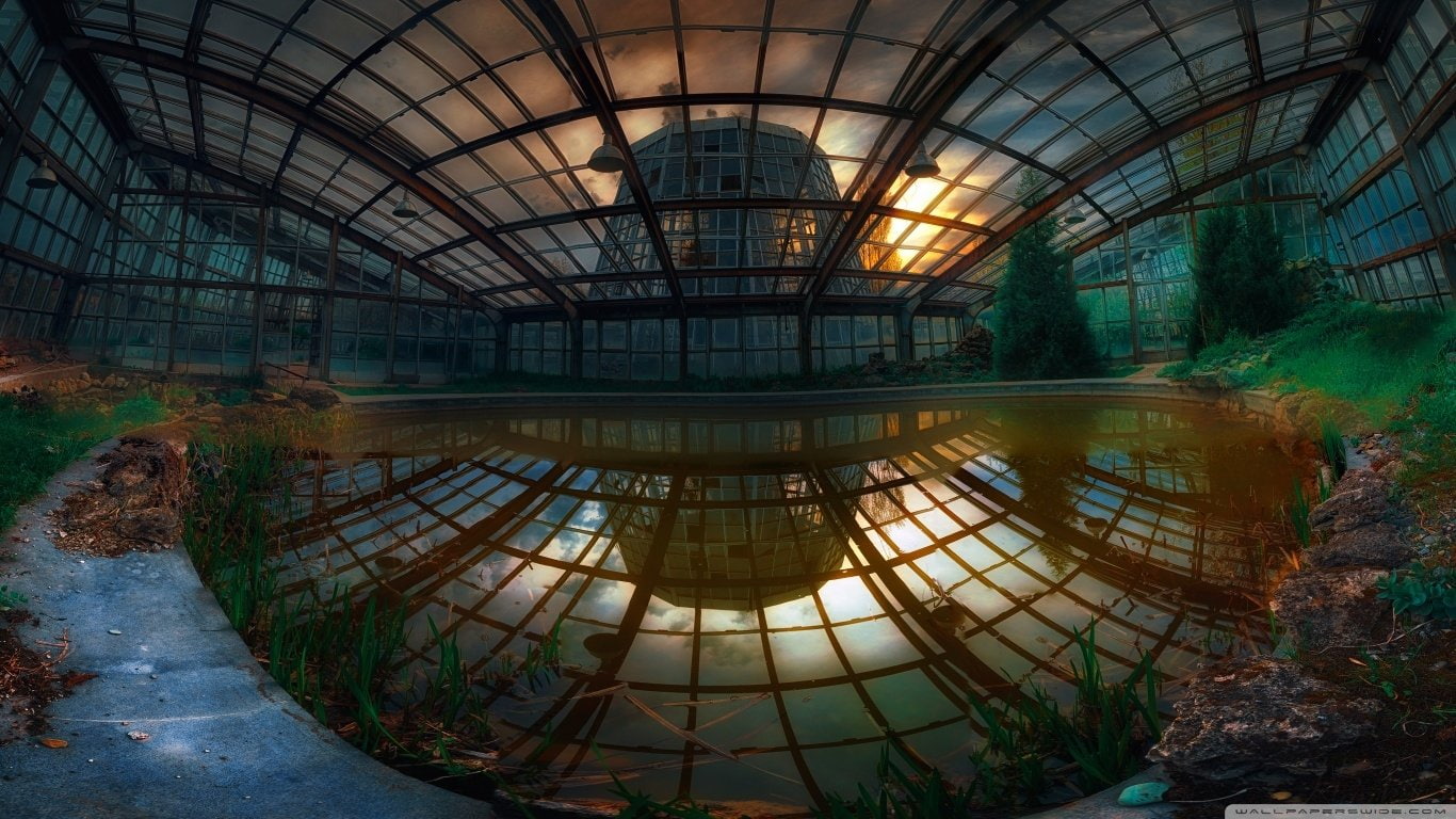 glass - material, city, building, built structure, indoors, Man Made, architecture, flooring, nature, Yerevan Botanical Garden, pattern, ceiling, symmetry, HD Wallpaper