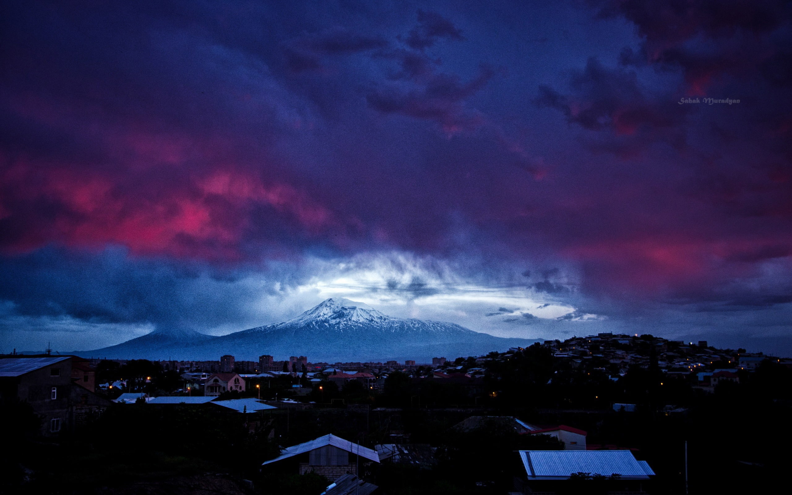 dusk, covered, armenia, landscape, power in nature, snowcapped mountain, ararat, city, night, no people, nature, 2K, storm, cloud - sky, building, HD Wallpaper