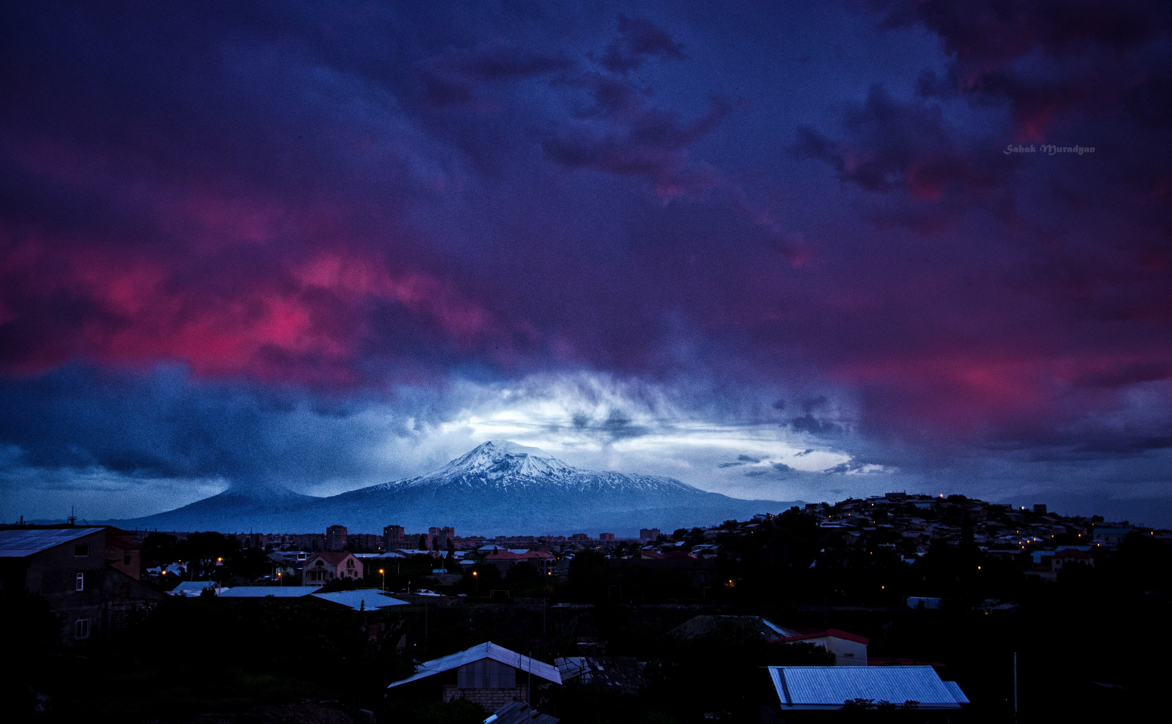 beauty in nature, Mountain, outdoors, dramatic sky, ararat, power in nature, snowcapped mountain, armenia, night, 4K, Dark, blue, cloud - sky, architecture, HD Wallpaper