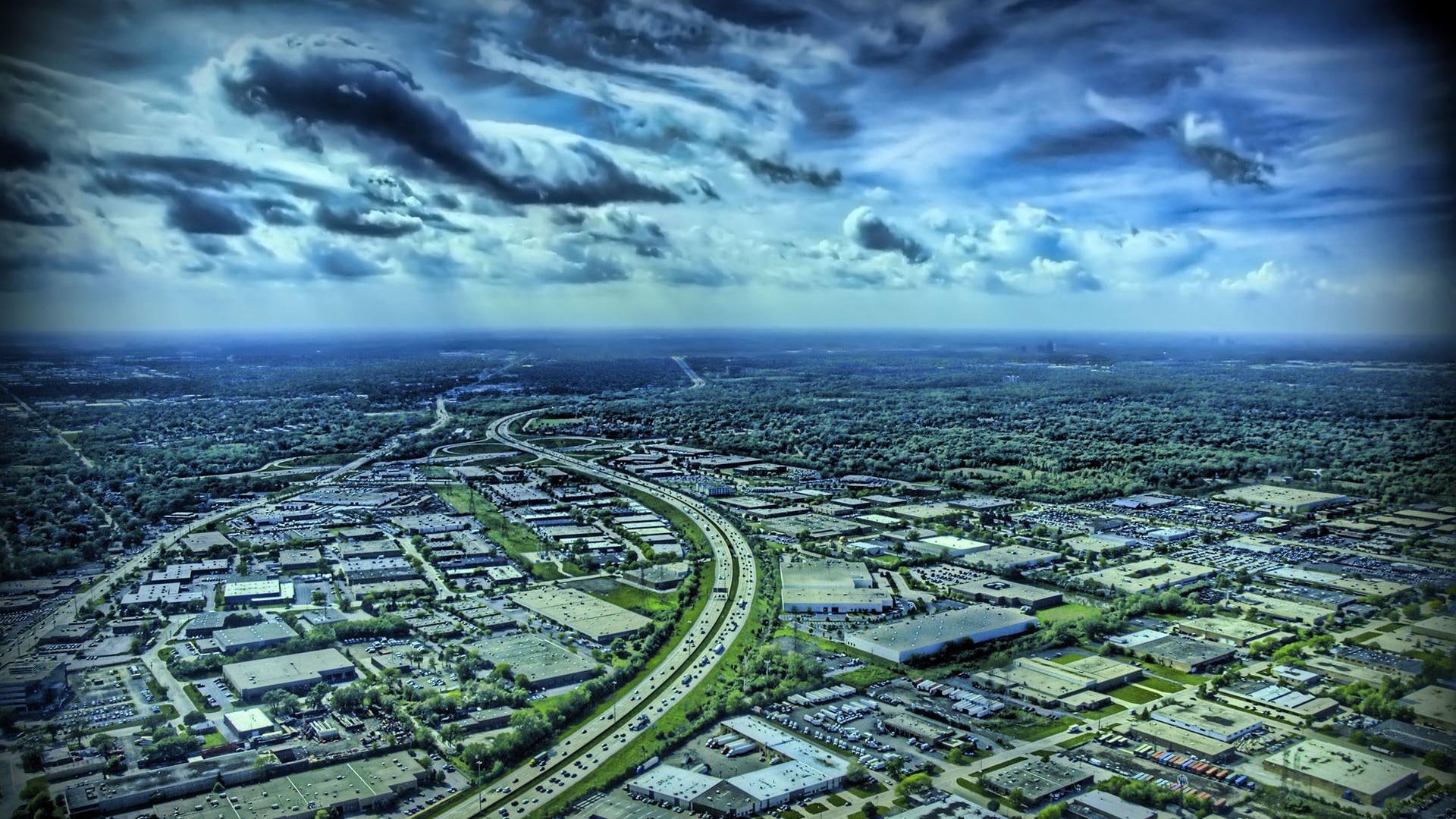 highway, sprawling, hdr, cityscape, clouds, city, 1080P, nature and landscapes, HD Wallpaper