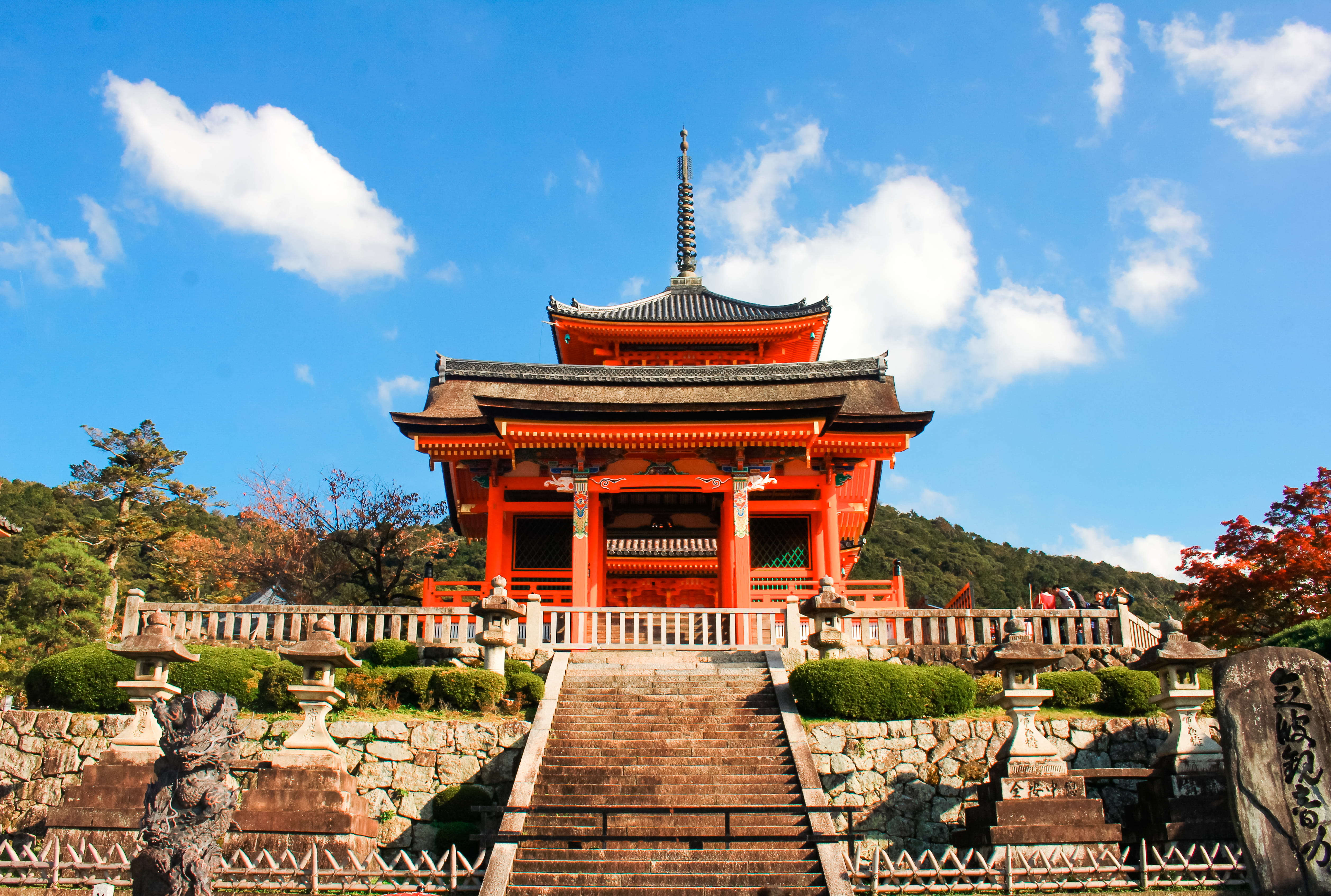 architecture, japan, kiyomizu 1-chome, religion, 4K, sky, temple, travel destinations, kiyomizu, spirituality, kyoto, red, tree, plant, travel, day, building exterior, HD Wallpaper