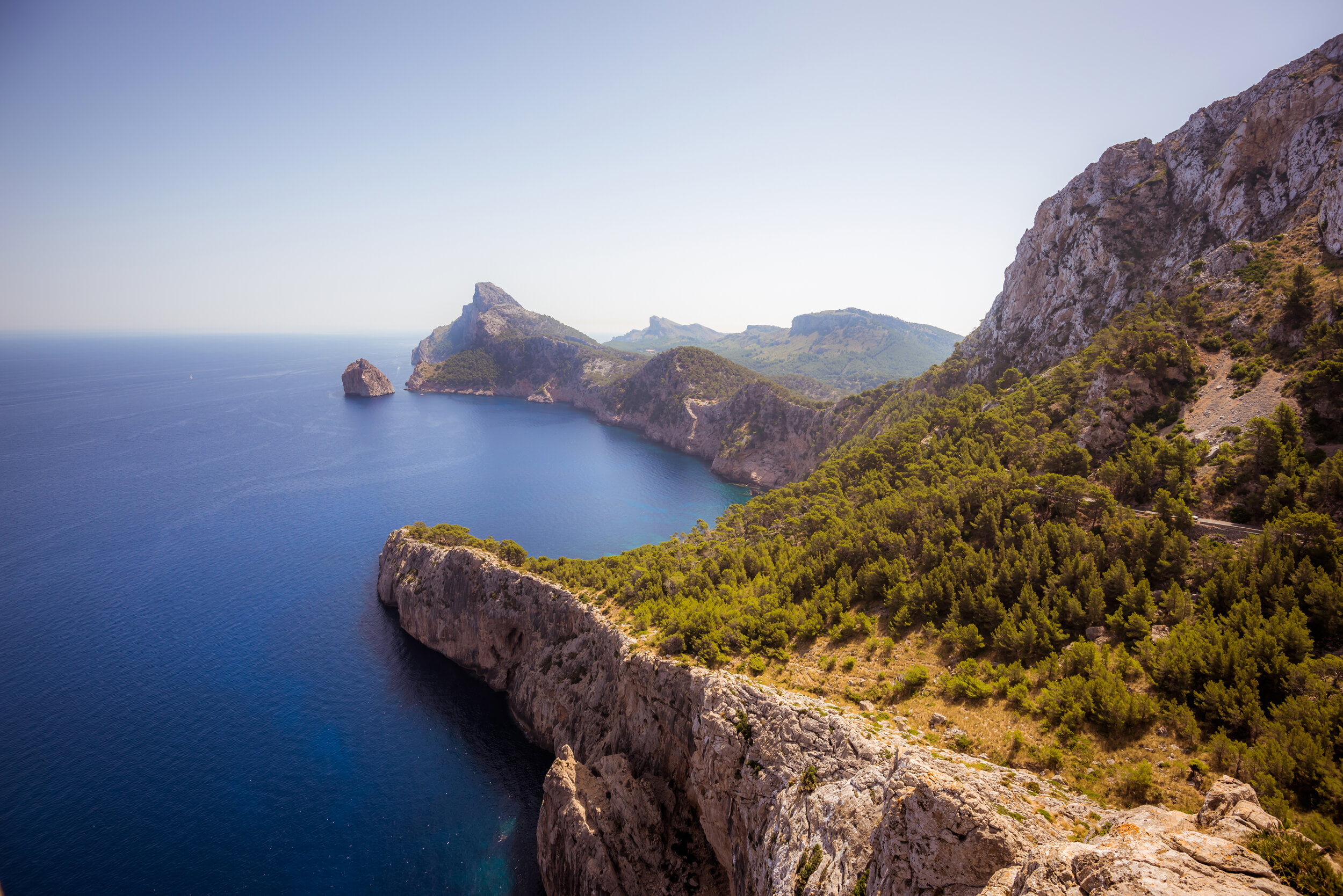 Mirador Es Colomer, Spain, rocks, panorama, 1080P, green, Rock wall, gloomy, observation deck, water, stone stairs, Mallorca, cliff, forest, sunrise, blue, HD Wallpaper