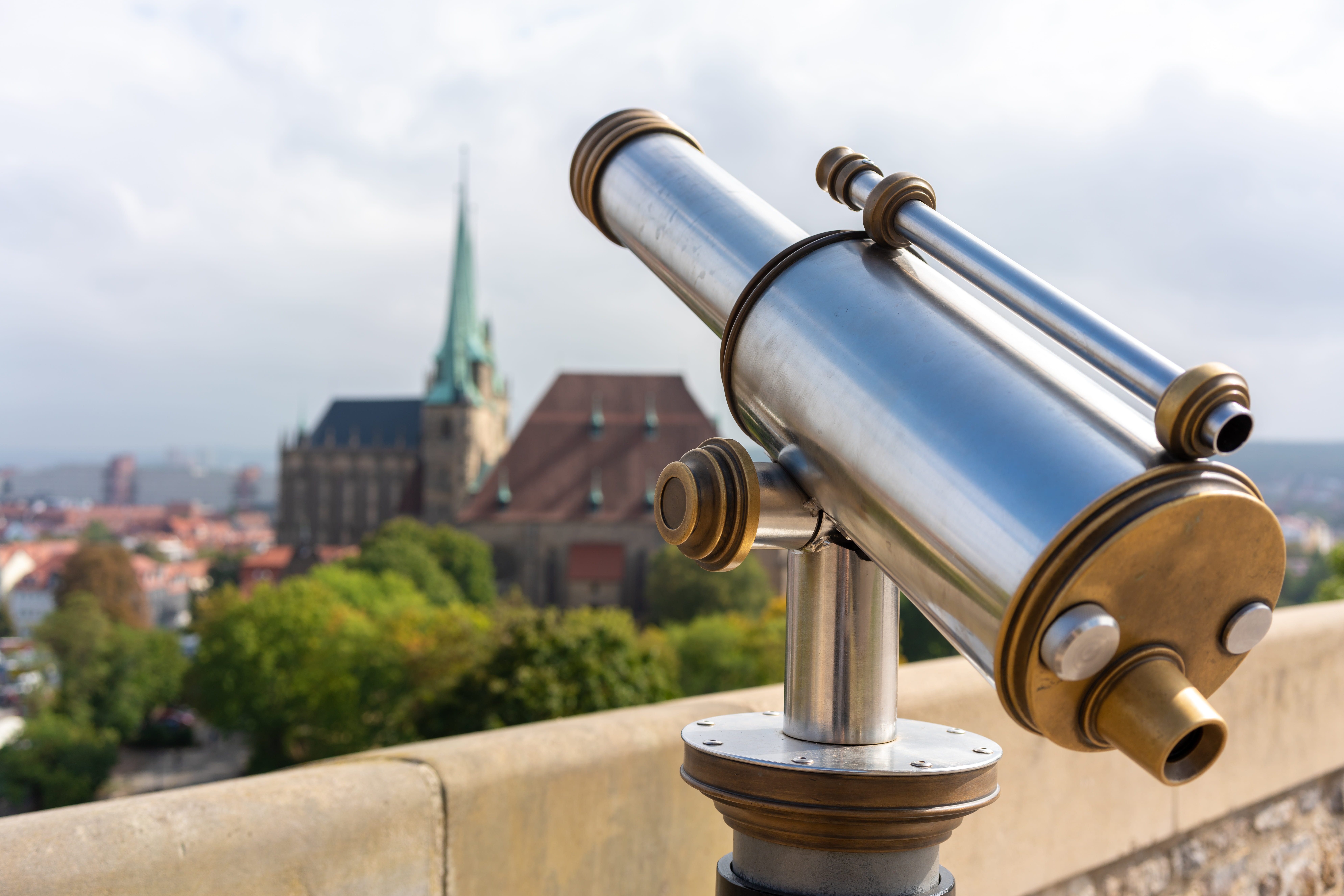 focus on foreground, city, view, distant, day, metal, optics, viewpoint, coin operated, technology, telescope, see, wide, outdoors, erfurt, hand-held telescope, HD Wallpaper