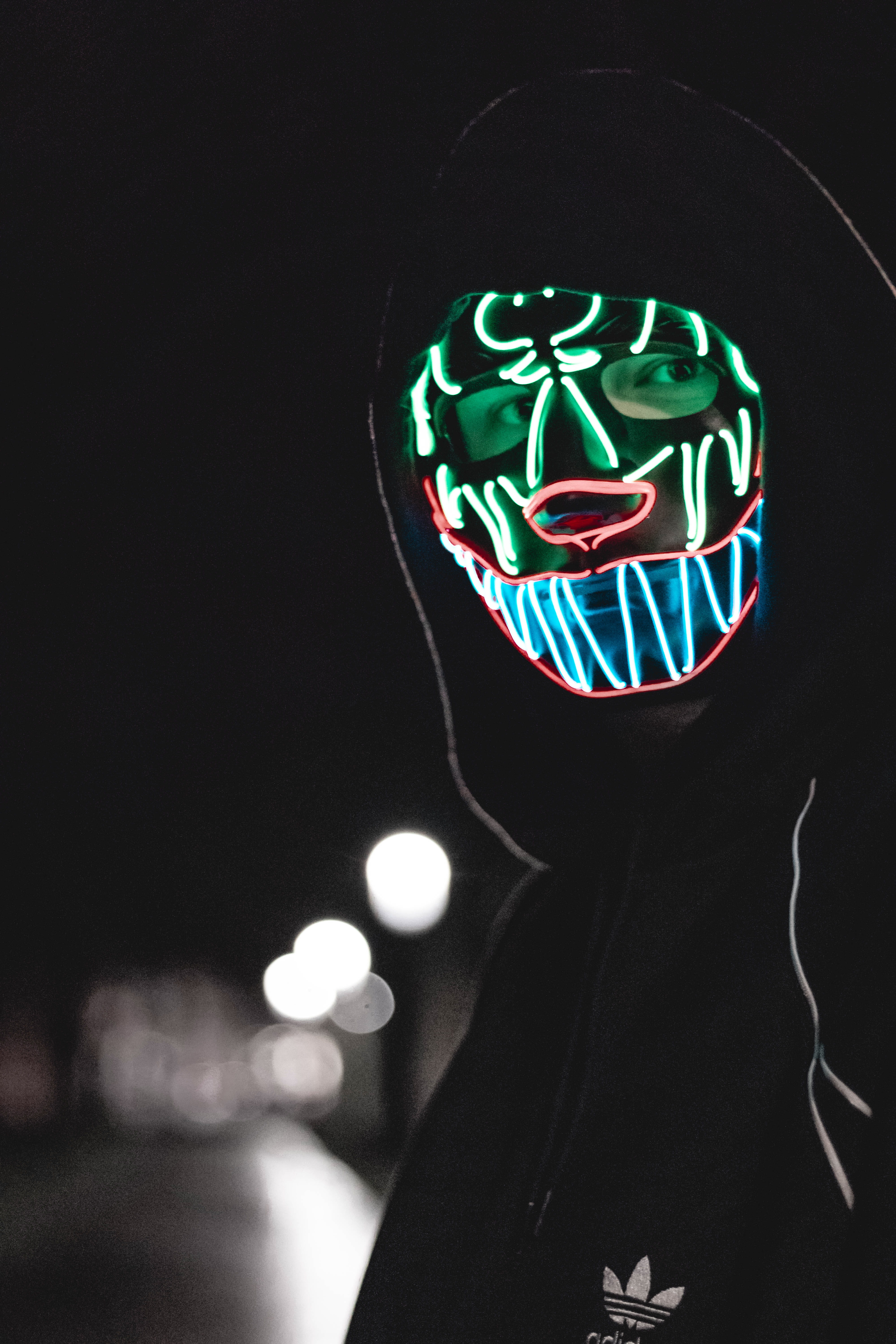 standing, night, headshot, person, clear look, studio shot, portrait, joker lights mask, light mask, copy space, 5K, close-up, joker light mask, neon light, Phone HD Wallpaper